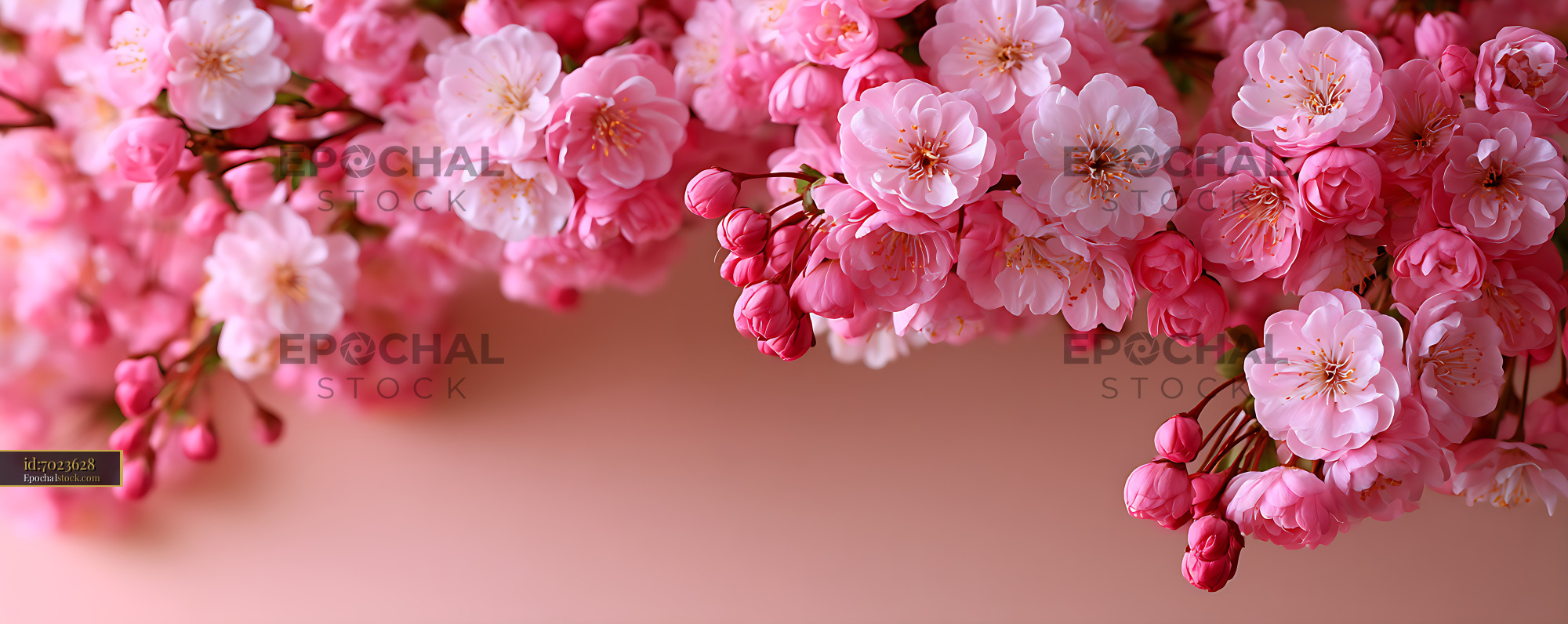 Watermarked full-resolution preview of Pink blossoms and buds on branches with copy space