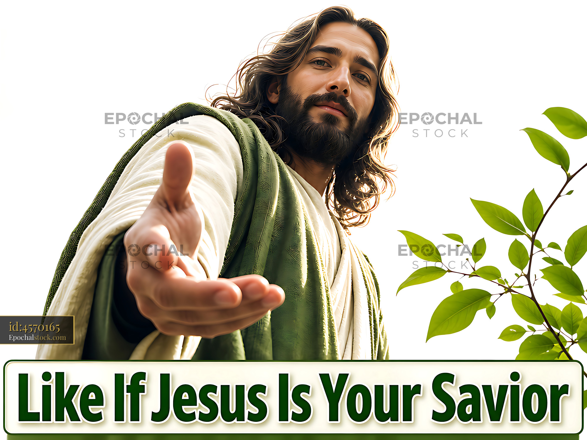 Watermarked full-resolution preview of Man in robe extends hand with greenery in the background