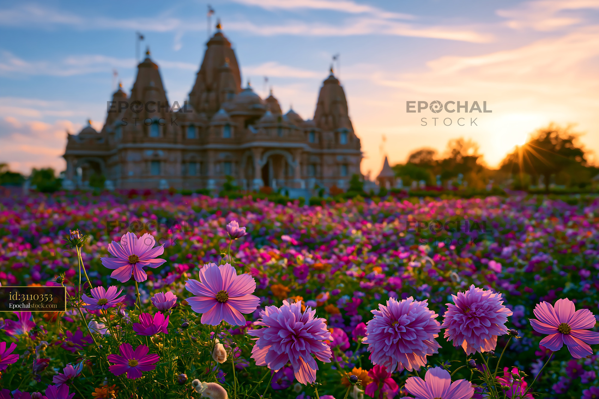 Watermarked full-resolution preview of Sunset views of a temple surrounded by a flower garden