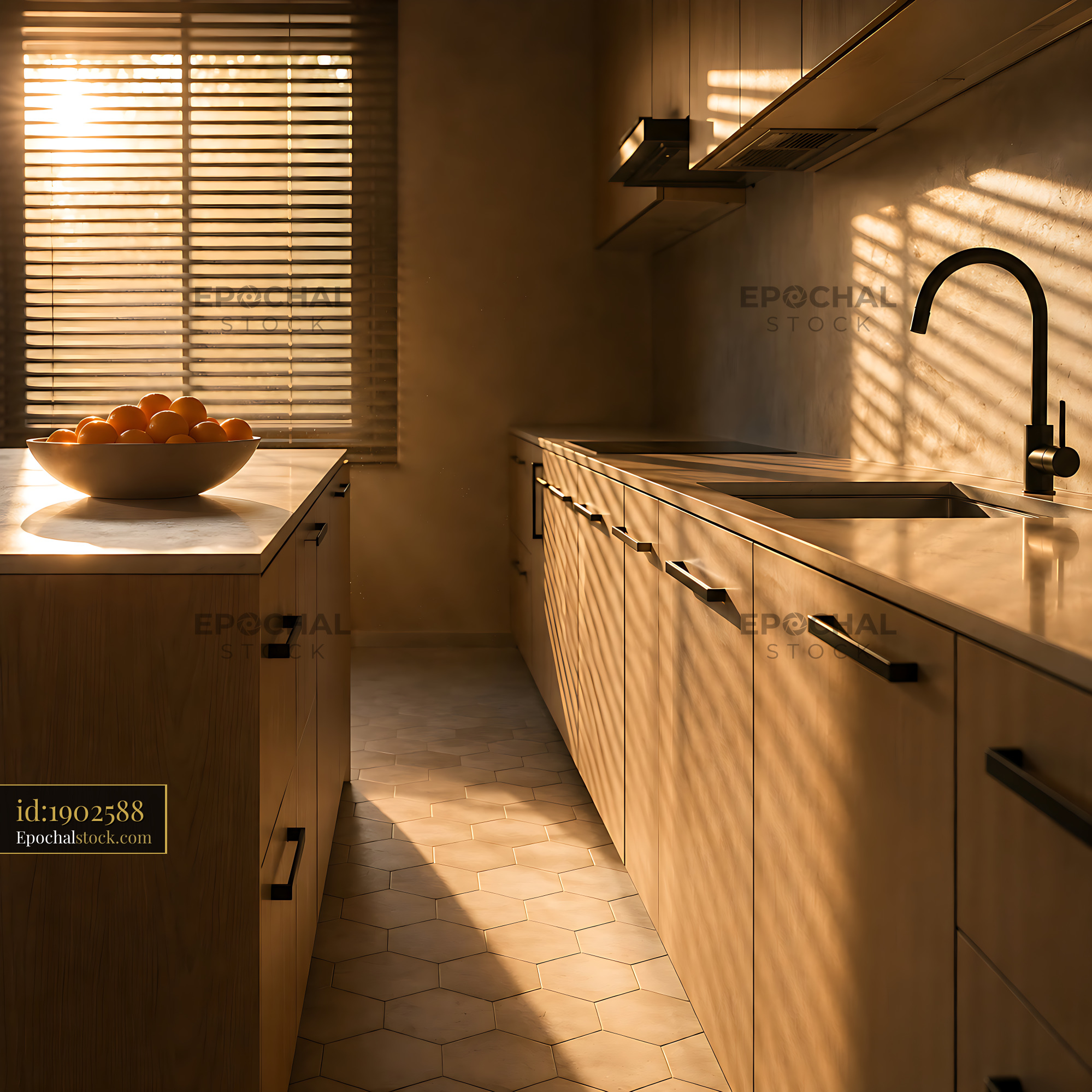 Watermarked full-resolution preview of Bright kitchen with sunlight and fruit bowl in morning light