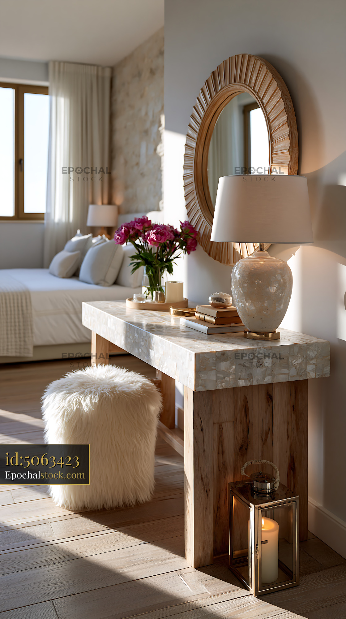 Watermarked full-resolution preview of Cozy interior with a table, lamp, and flowers in a bright room