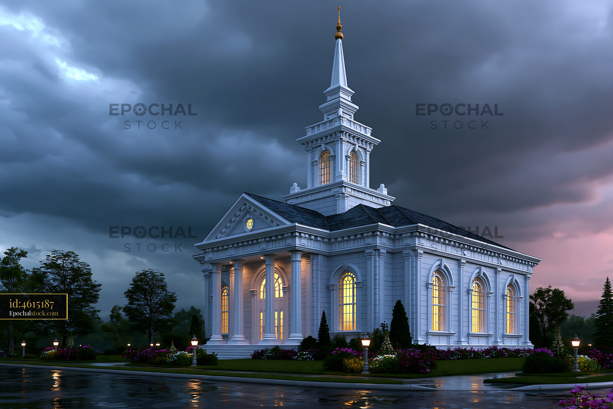 Watermarked full-resolution preview of Building with steeple and large windows under cloudy sky