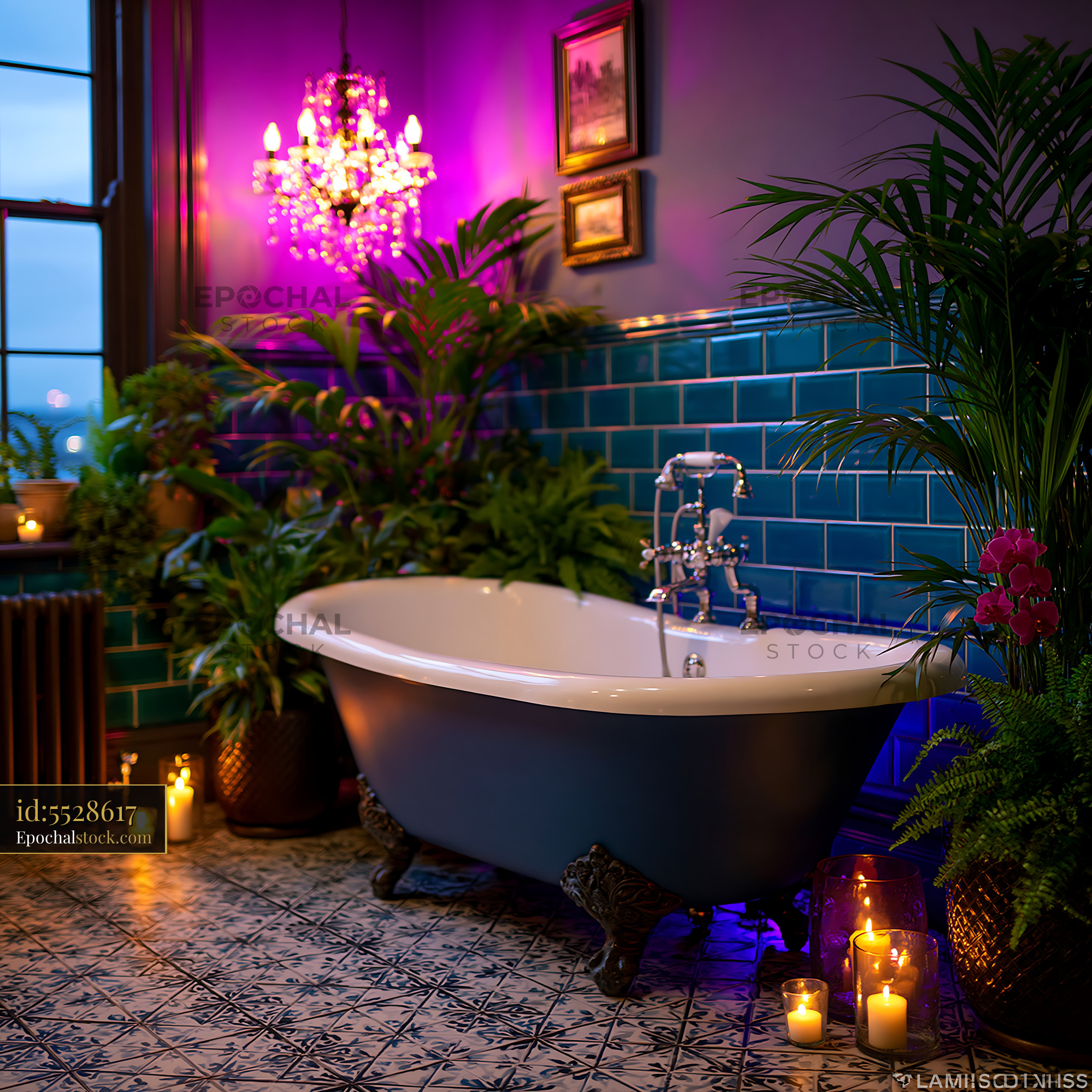 Watermarked full-resolution preview of Modern bathtub in decorated bathroom with plants and candles