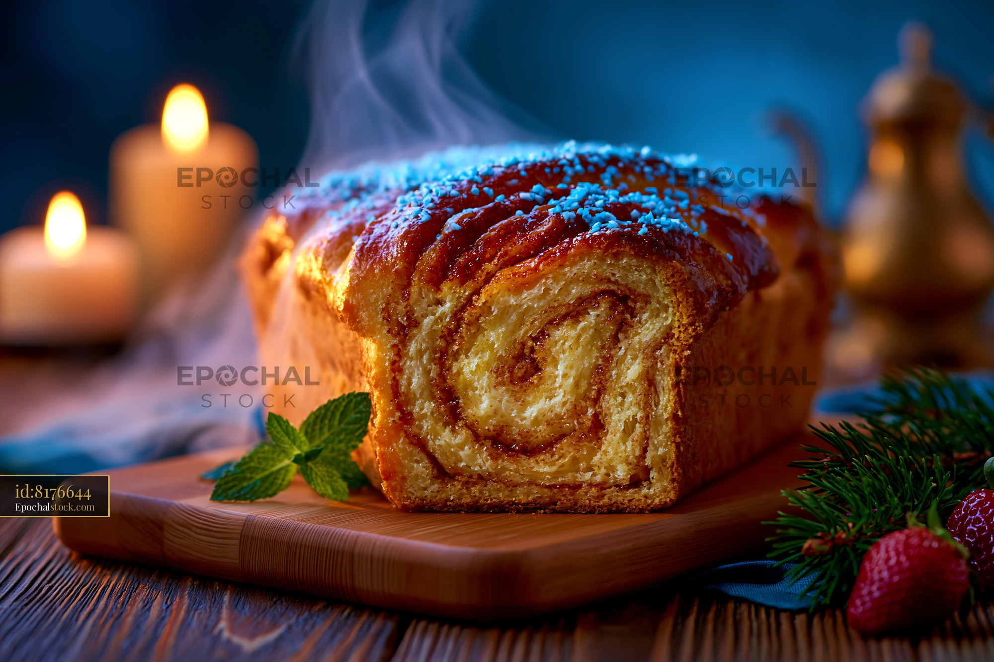 Watermarked full-resolution preview of Freshly baked swirl bread on a wooden board with candles in background