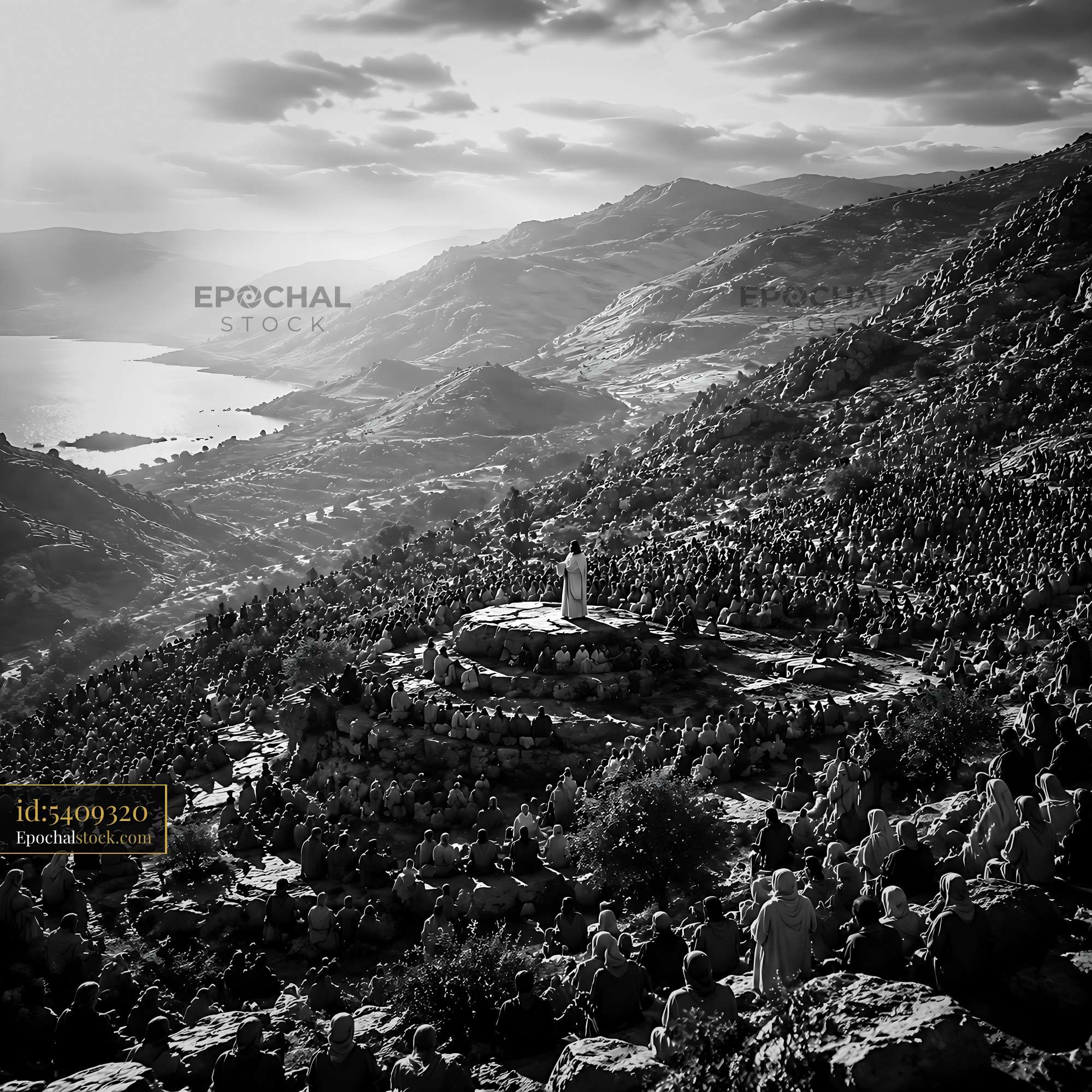 Watermarked full-resolution preview of Gathering on a hillside overlooking a valley and water