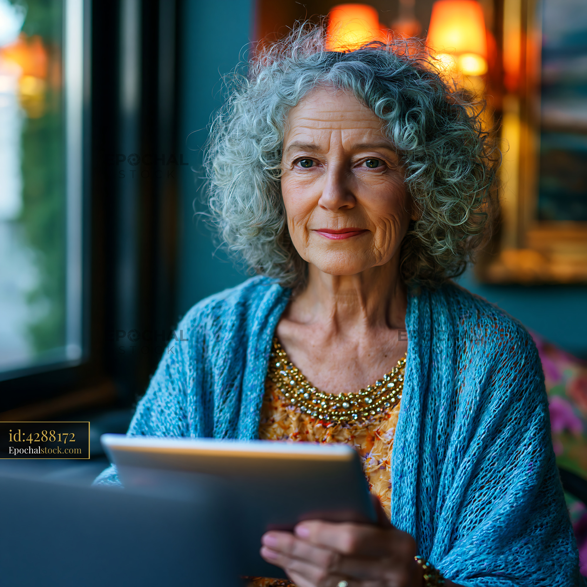 Watermarked full-resolution preview of Older woman sitting in a cozy room holding a tablet