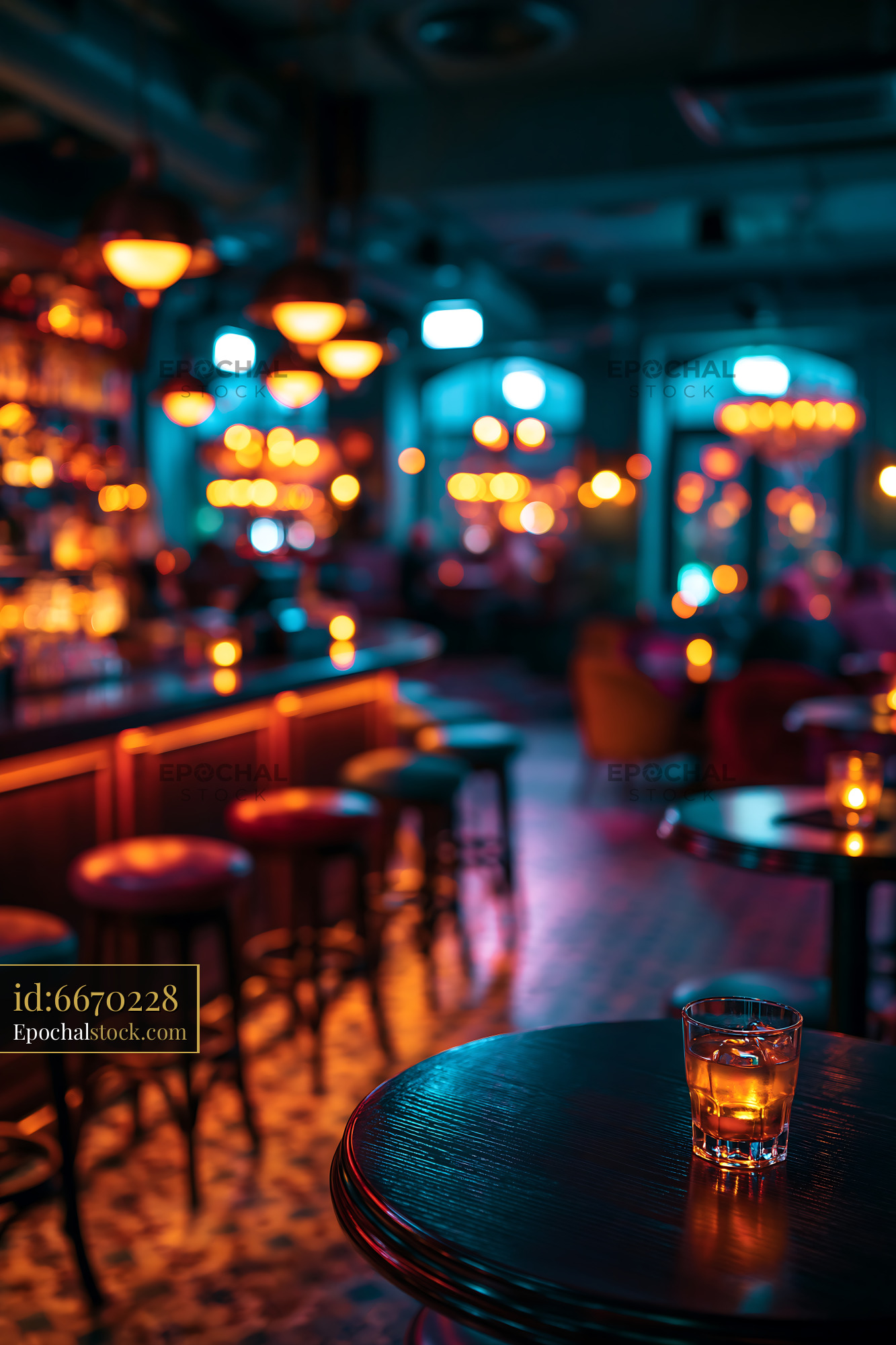Watermarked full-resolution preview of Bar scene with drink on table in warm ambient lighting