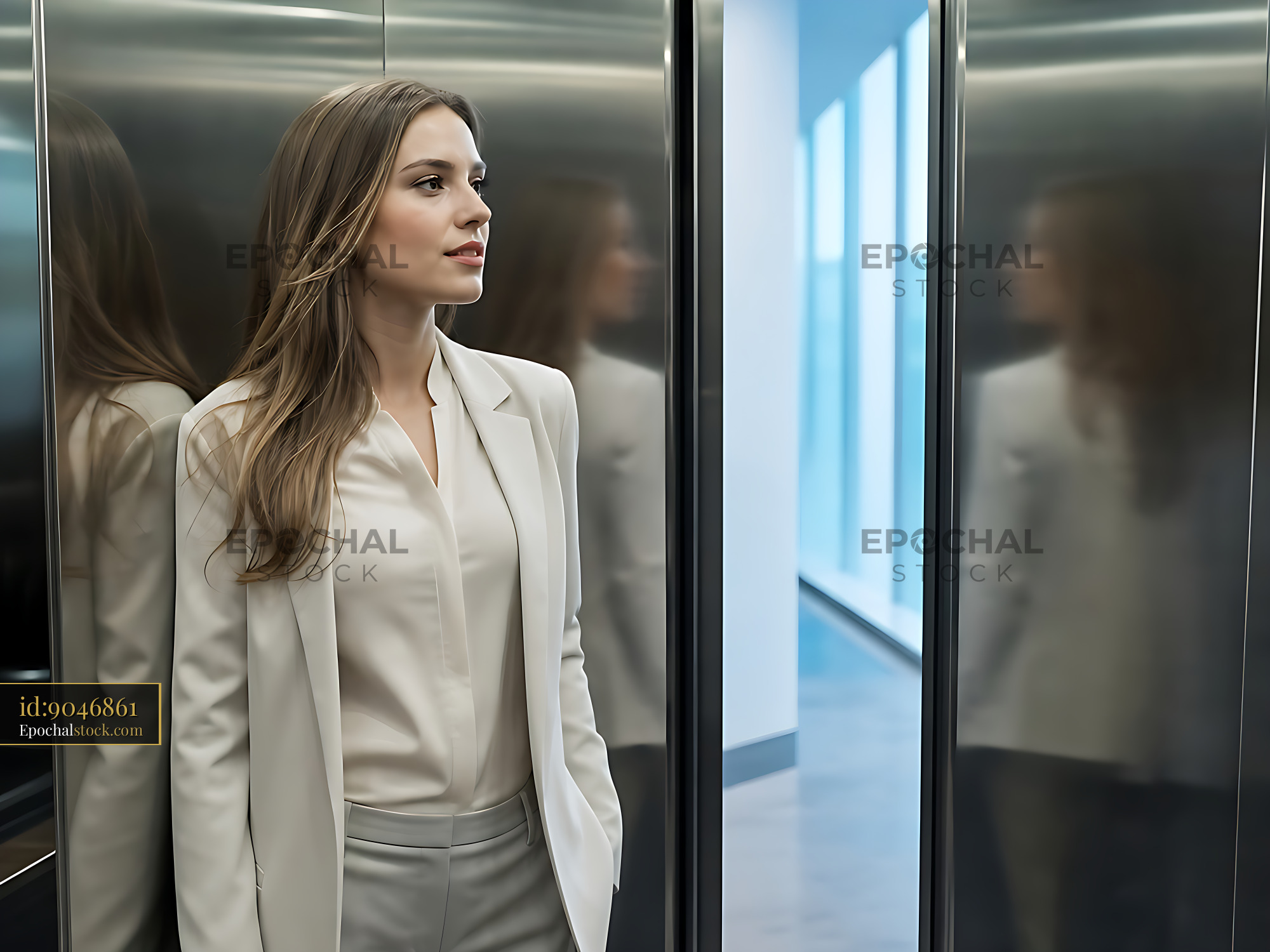 Watermarked full-resolution preview of Businesswoman in elevator reflecting modern office design