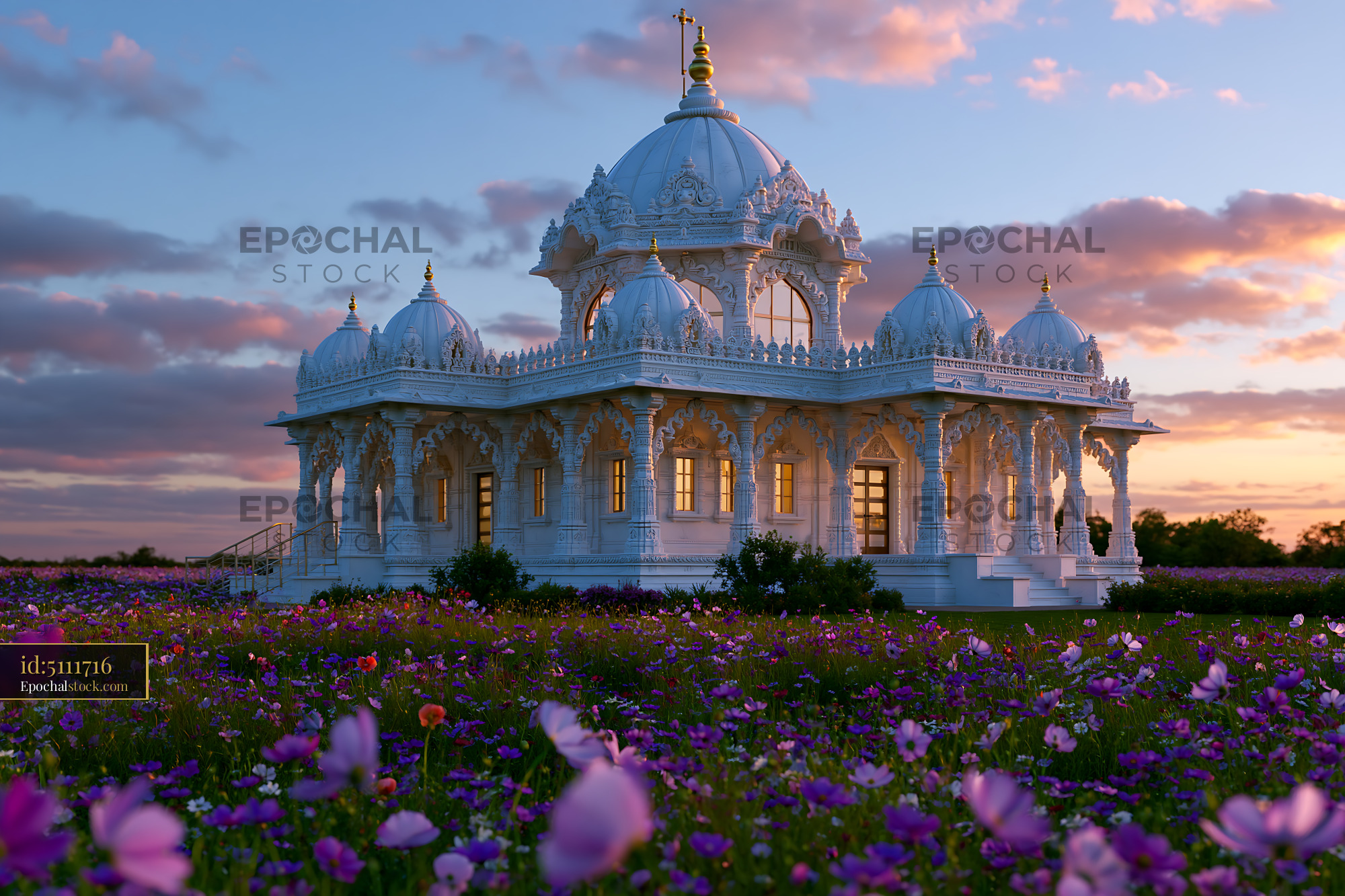 Watermarked full-resolution preview of White temple surrounded by colorful flowers at sunset