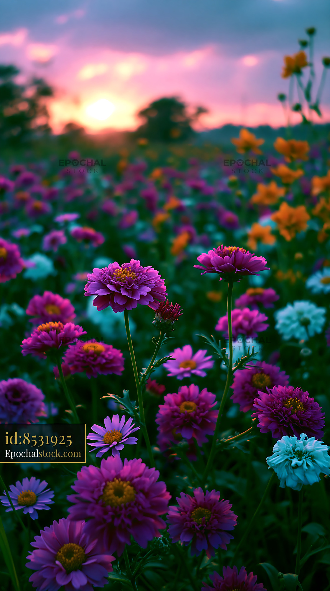 Watermarked full-resolution preview of Vibrant flower field during sunset in a garden