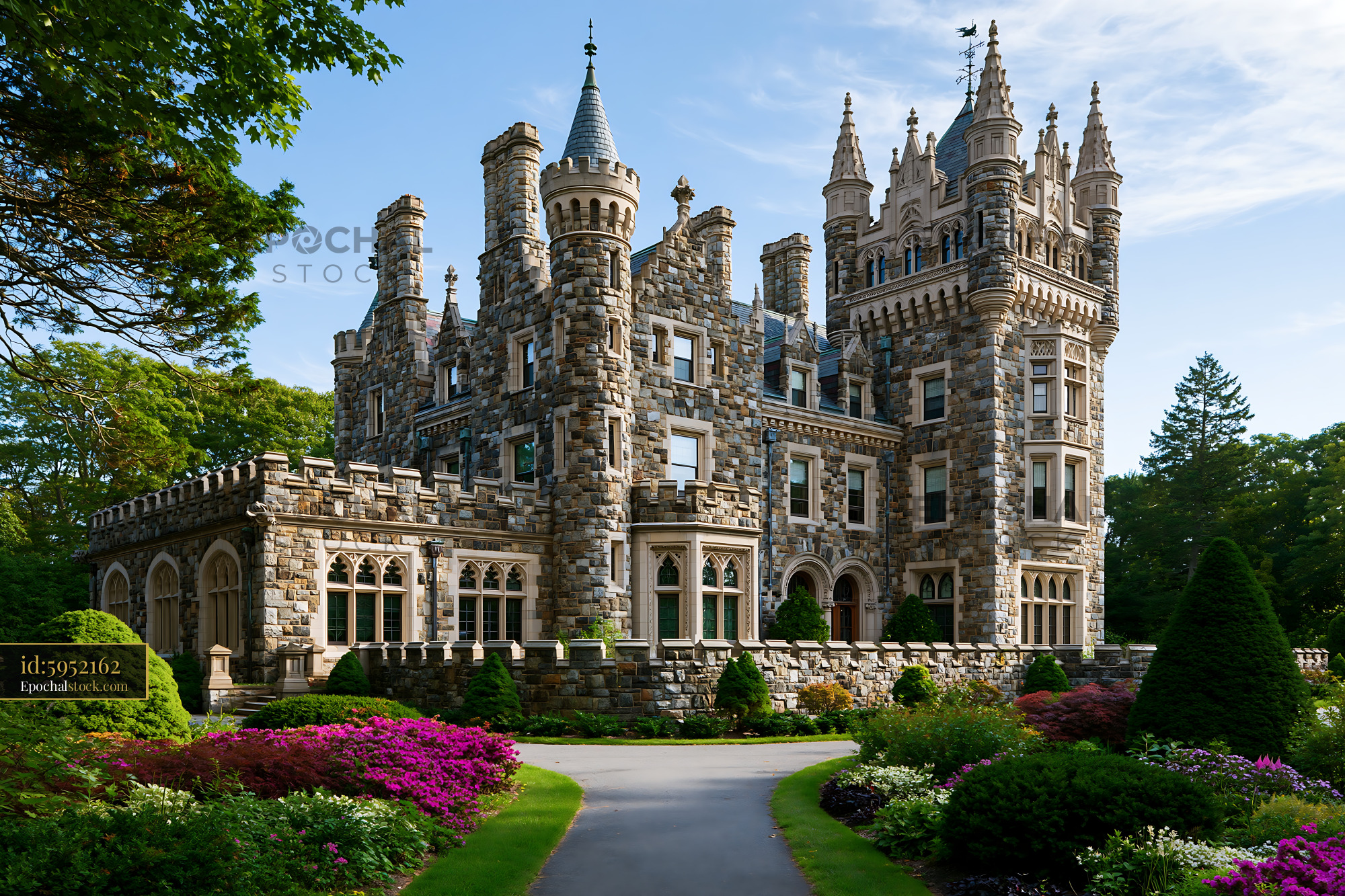 Watermarked full-resolution preview of Historic castle surrounded by gardens in a lush landscape