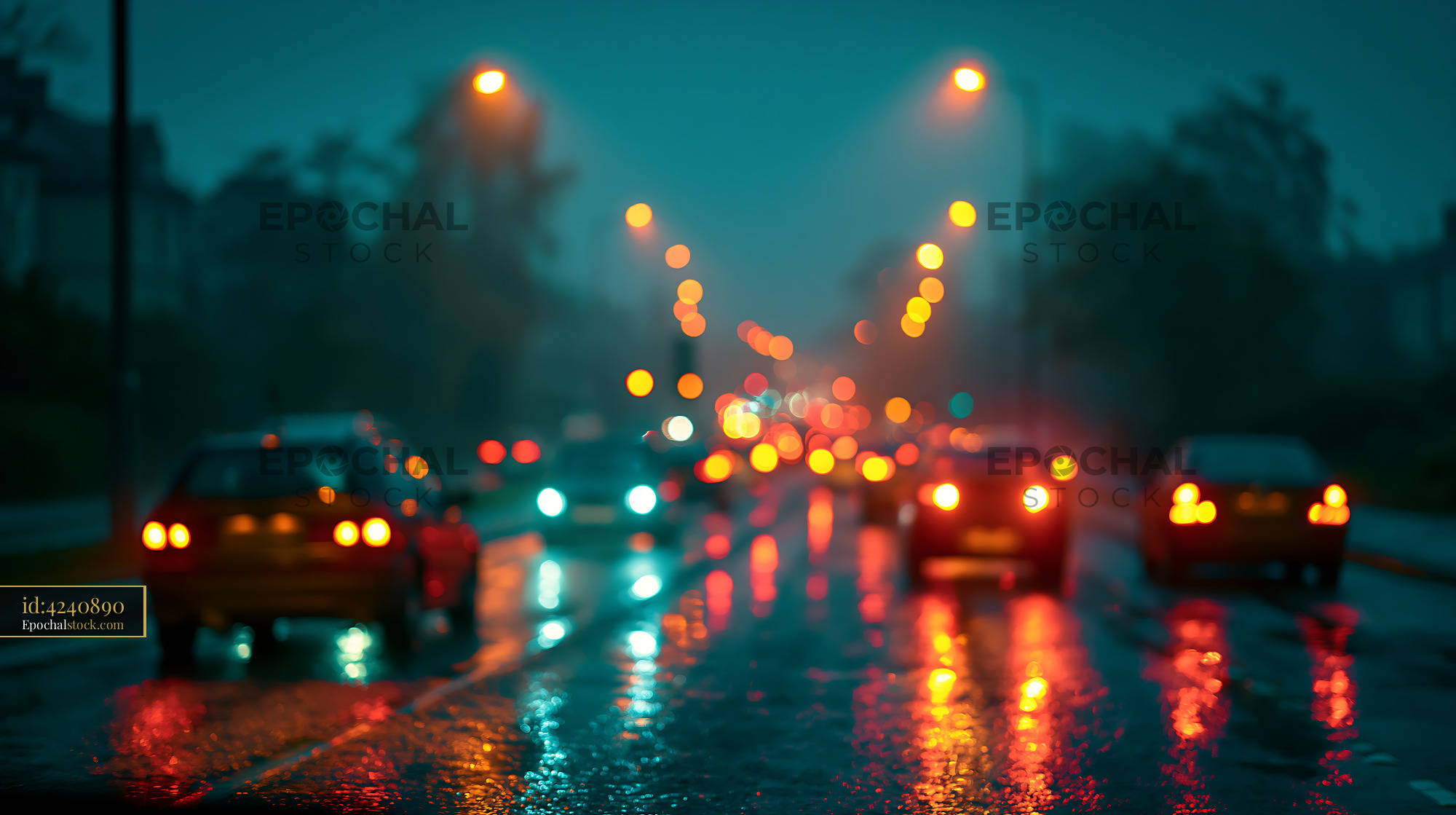 Cars Drive on a Wet Road During Rain at Night With Lights - stock photo