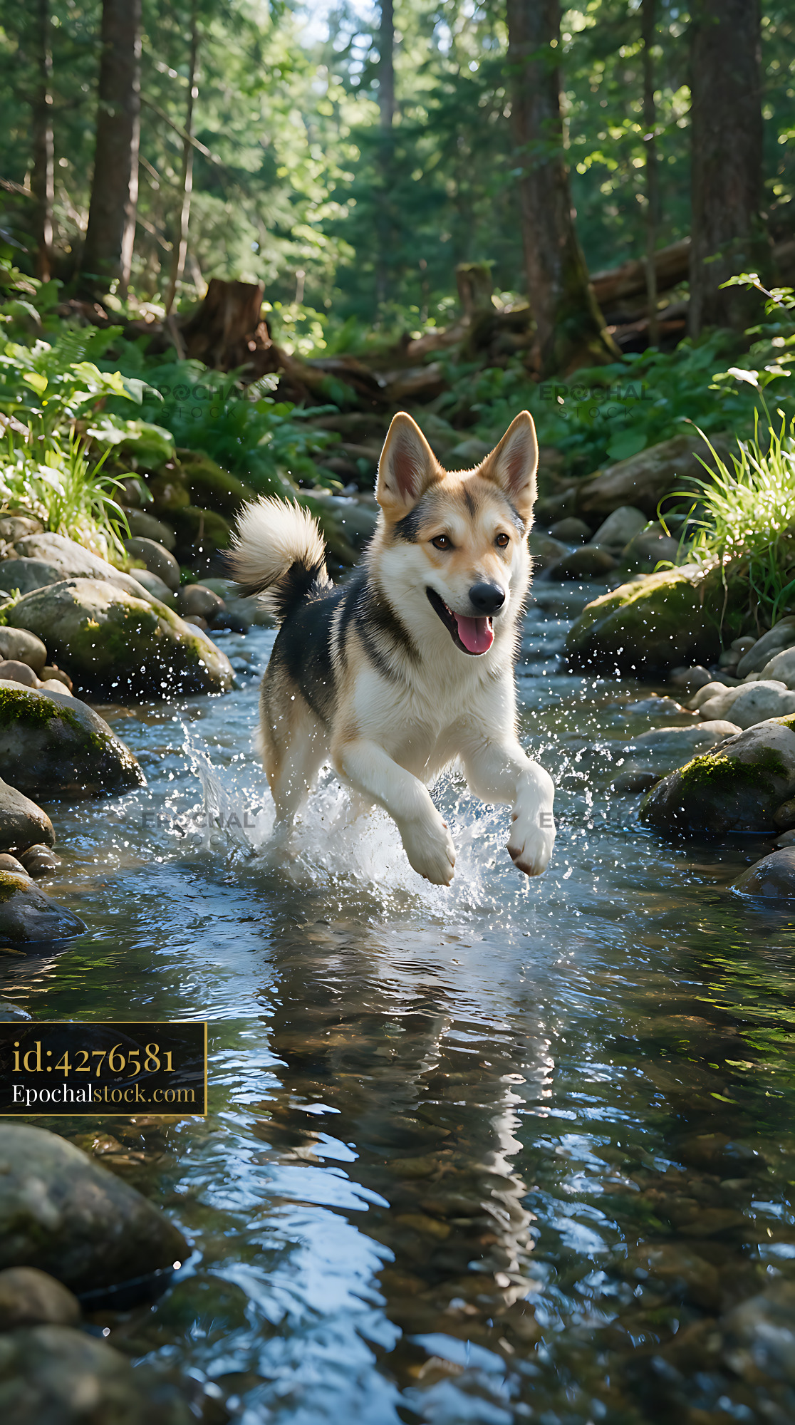 Watermarked full-resolution preview of Young dog splashing through a woodland creek