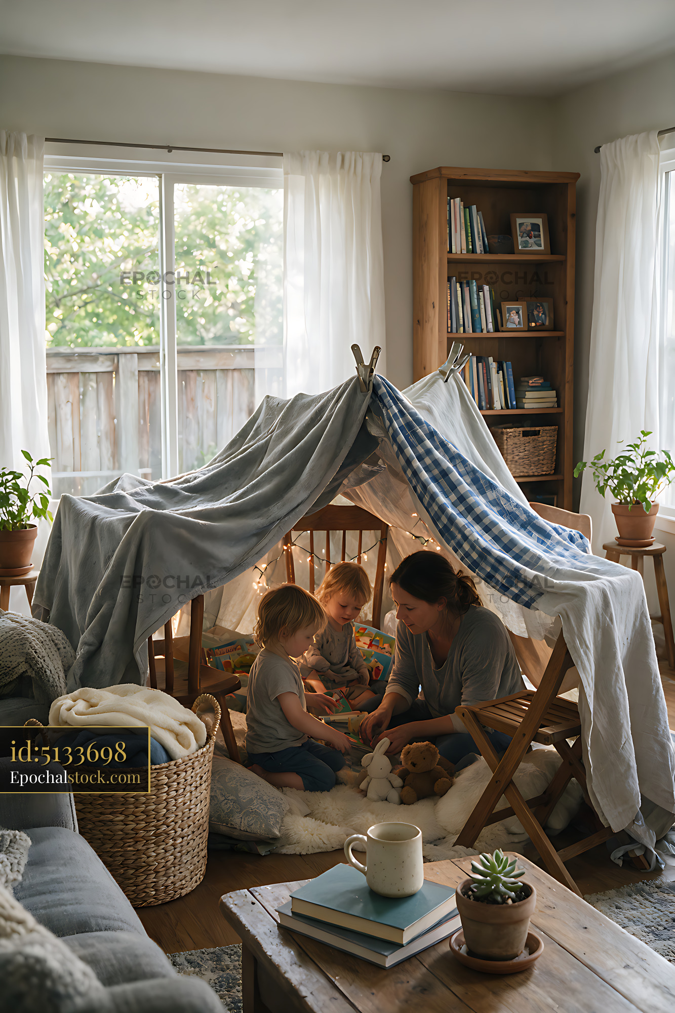 Watermarked full-resolution preview of Family bonding inside a cozy blanket fort
