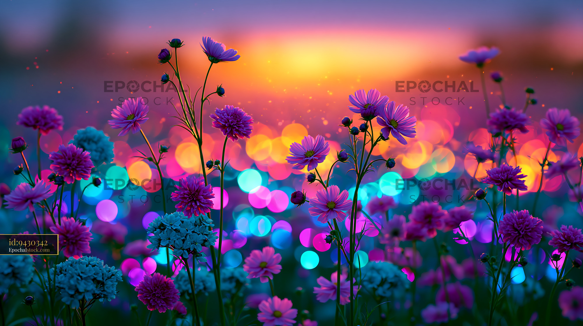 Watermarked full-resolution preview of Colorful flowers with glowing background at sunset