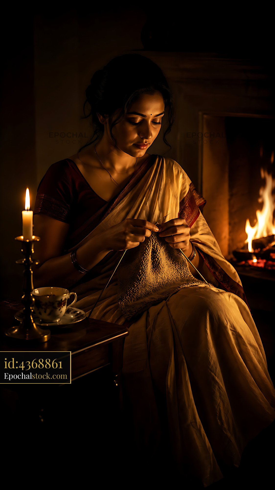 Watermarked full-resolution preview of Woman knitting by candlelight in a cozy room