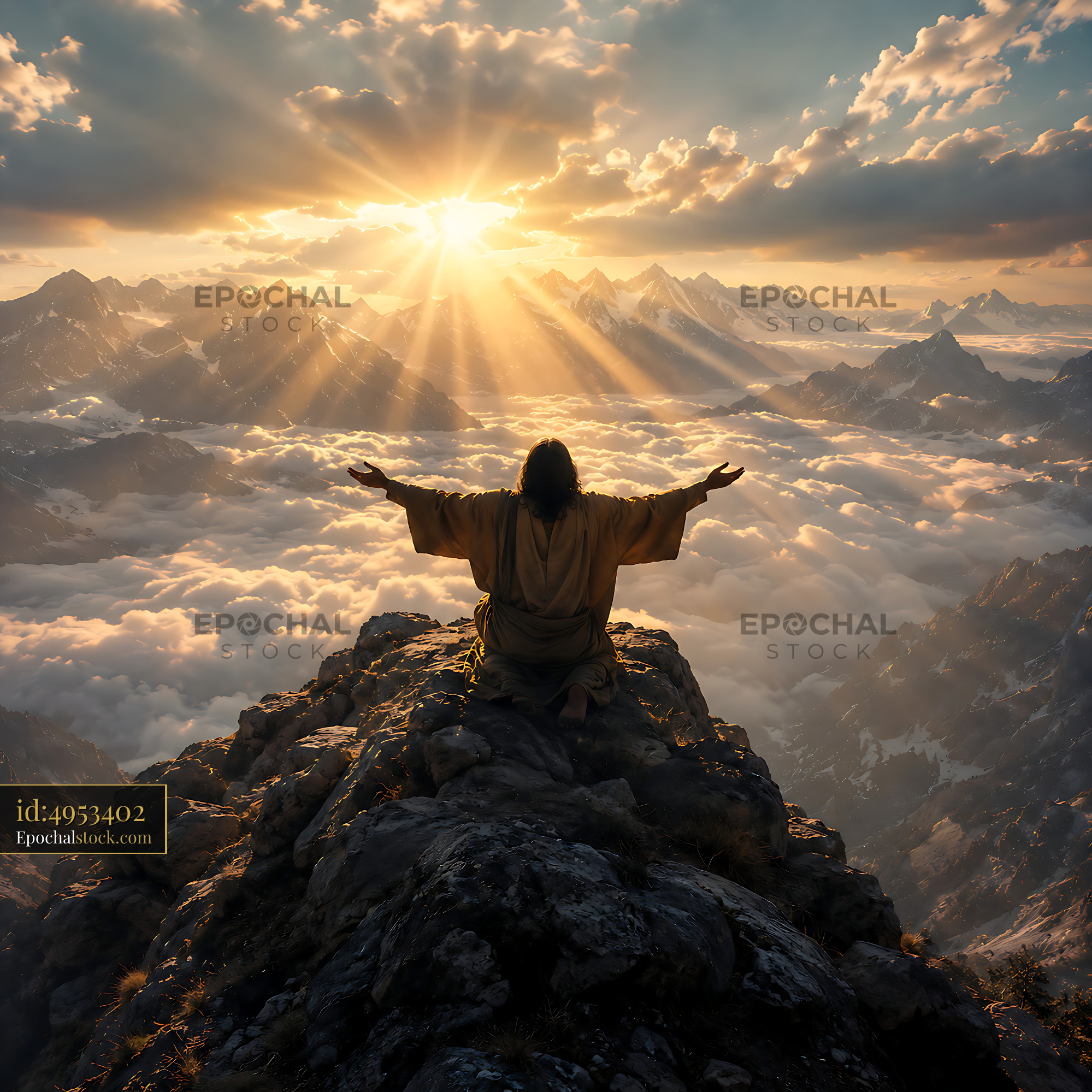 Watermarked full-resolution preview of Man with arms outstretched on mountain peak during sunset