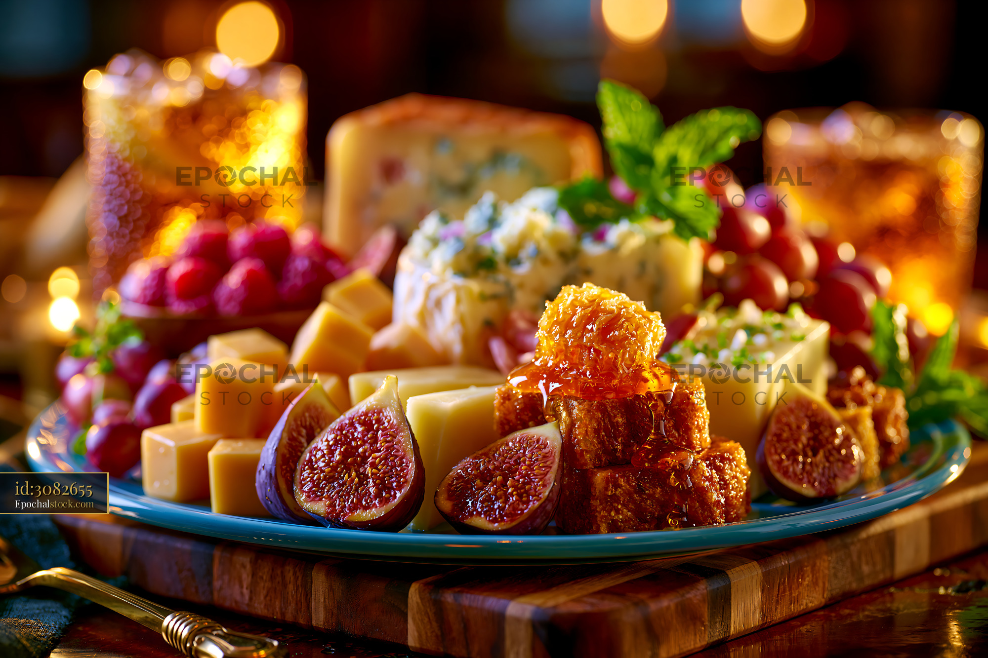 Watermarked full-resolution preview of Cheese and fruit platter with honey and nuts for evening gathering