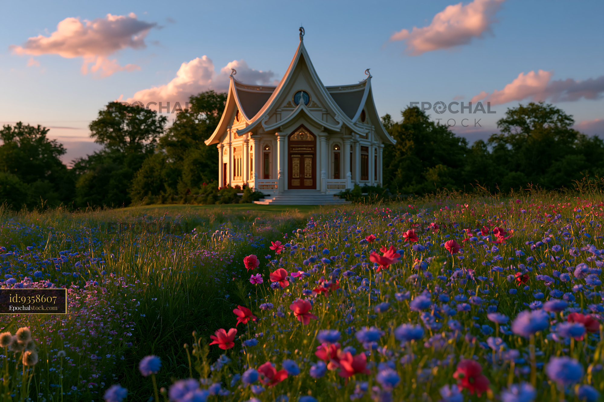 Watermarked full-resolution preview of Colorful flowers surround a small temple under a blue sky