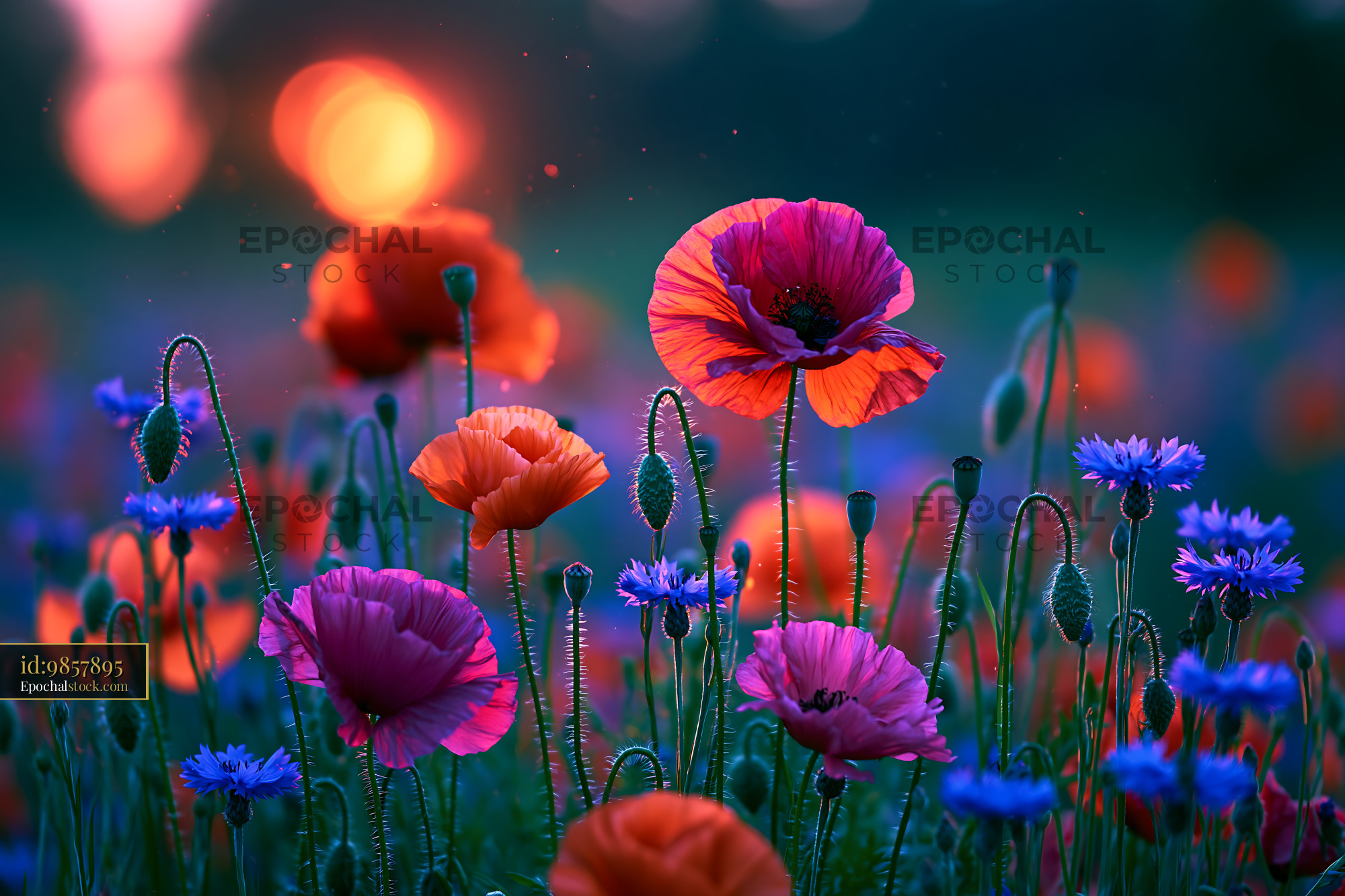 Watermarked full-resolution preview of Vibrant poppy and cornflower field at sunset