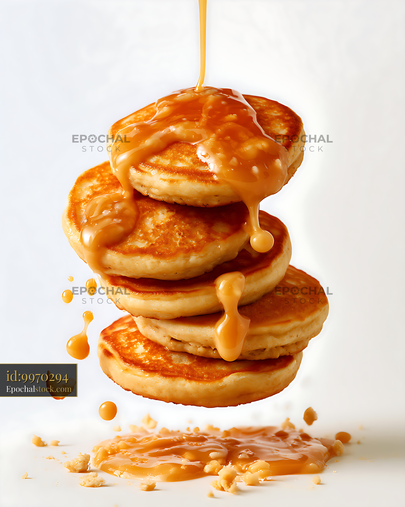 Watermarked full-resolution preview of Golden pancake stack covered in flowing caramel syrup