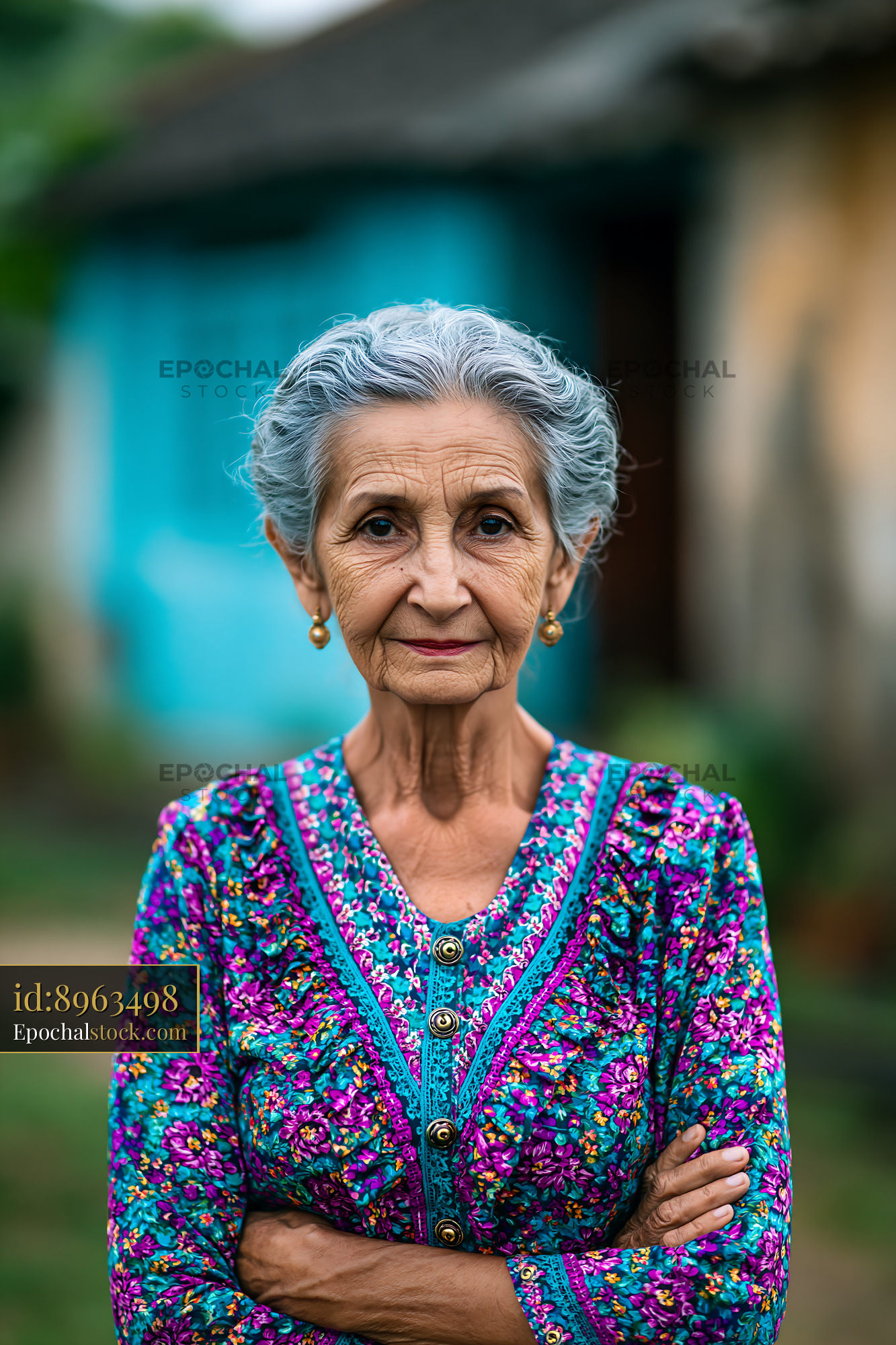 Watermarked full-resolution preview of Elderly woman in colorful traditional attire near a house