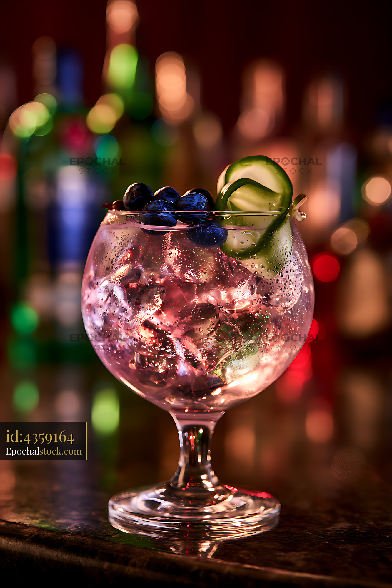 Watermarked full-resolution preview of Fruit cocktail in a glass with ice and garnish on a bar counter