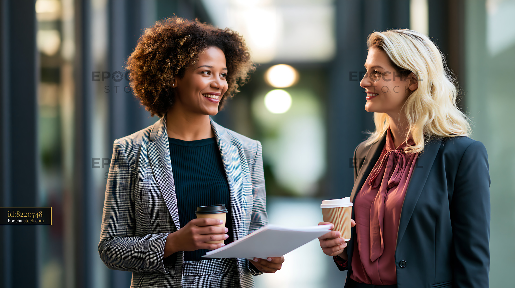 Watermarked full-resolution preview of Two women talking in a business setting at an office