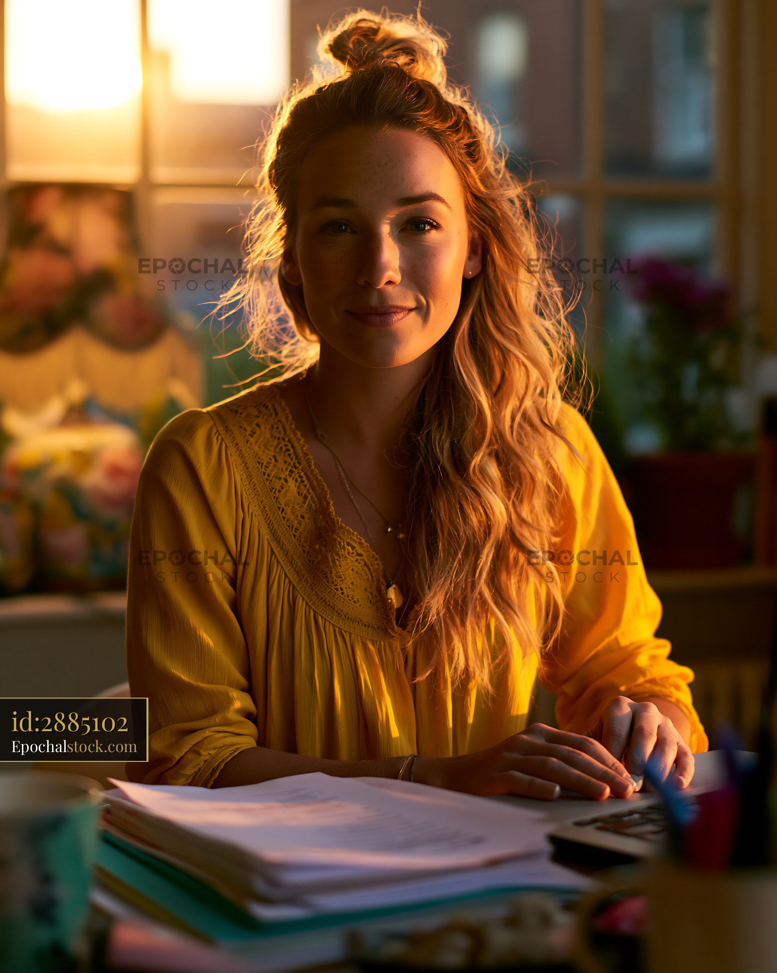 Watermarked full-resolution preview of Woman working on a project while sitting at a desk in soft light