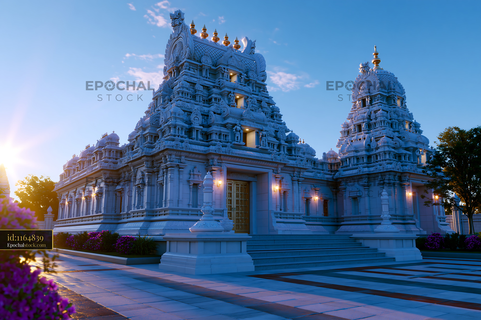 Watermarked full-resolution preview of Sunrise at a Hindu temple with detailed architecture and gardens