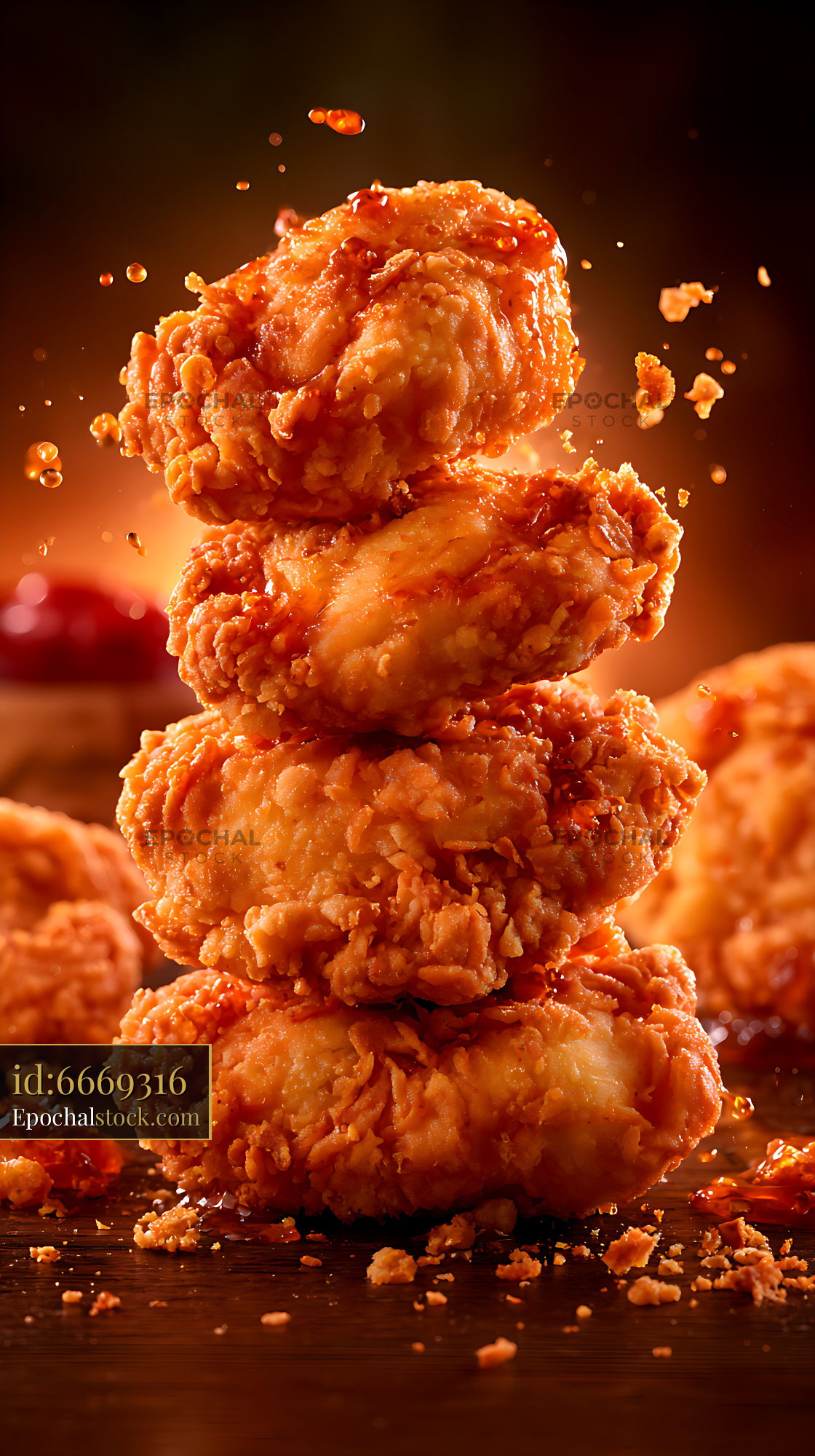 Watermarked full-resolution preview of Crispy fried chicken stack with scattered crumbs