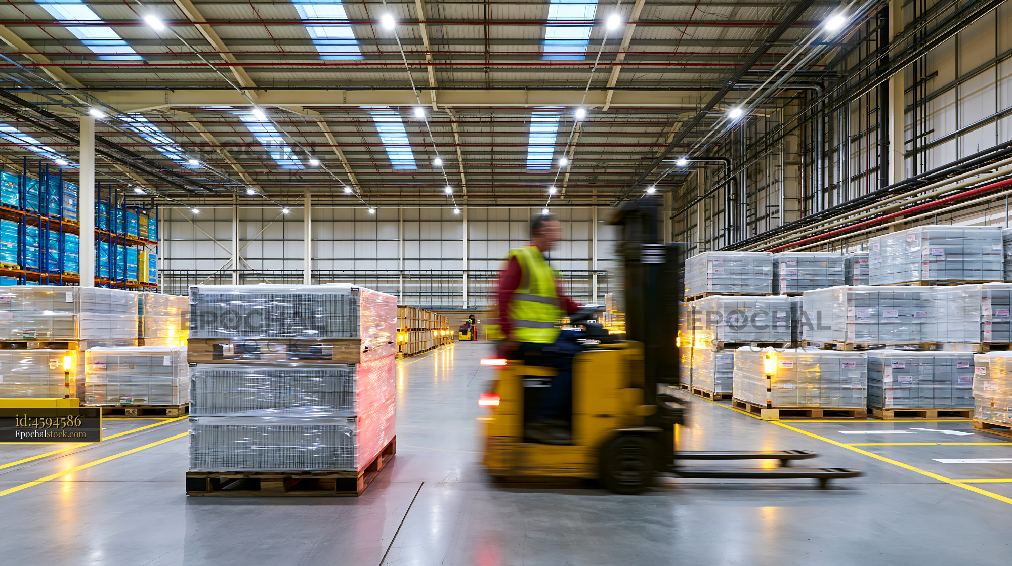 Forklift Operator Moving Pallets in Warehouse Setting During Daytime - stock photo