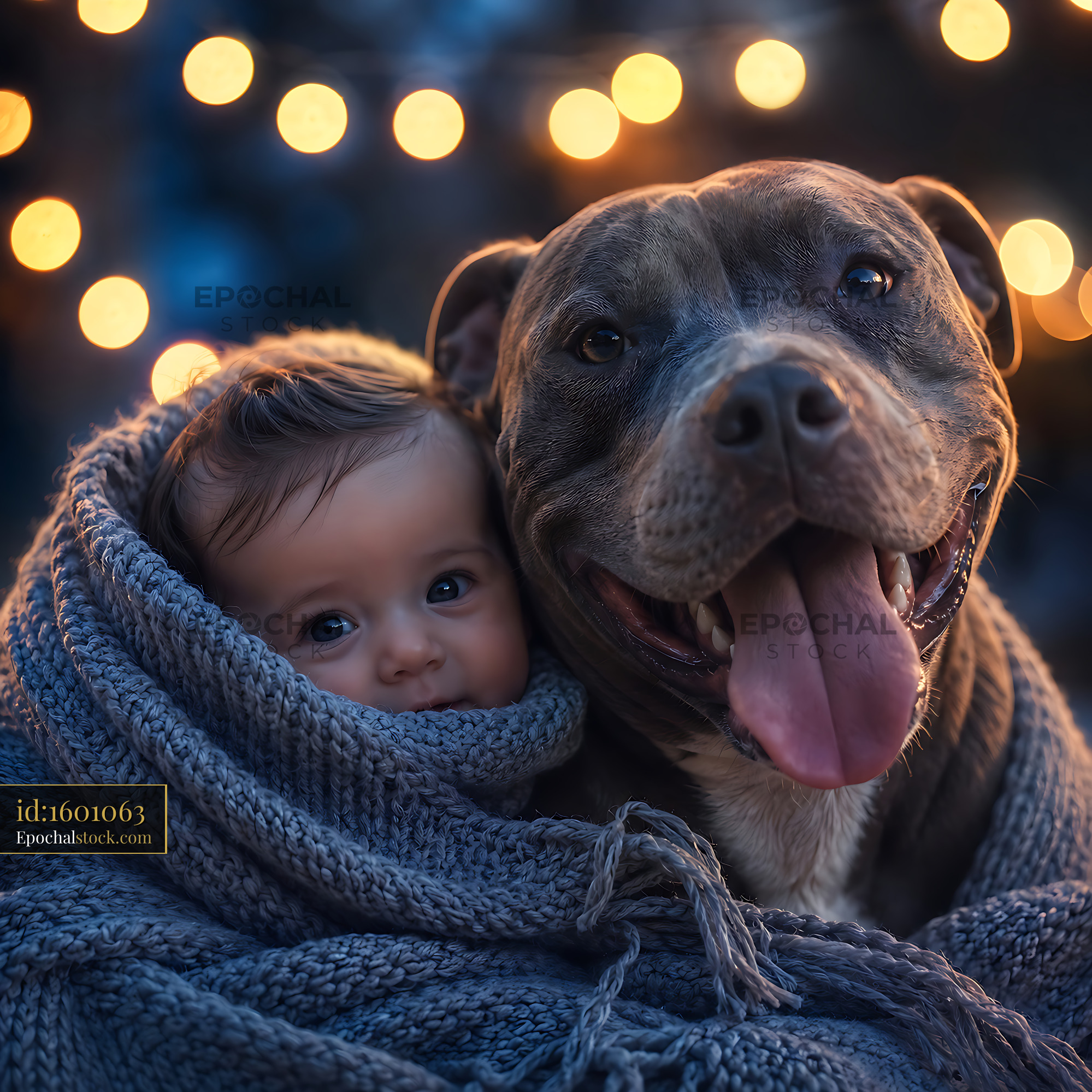 Watermarked full-resolution preview of Baby and dog under a blanket with festive lights