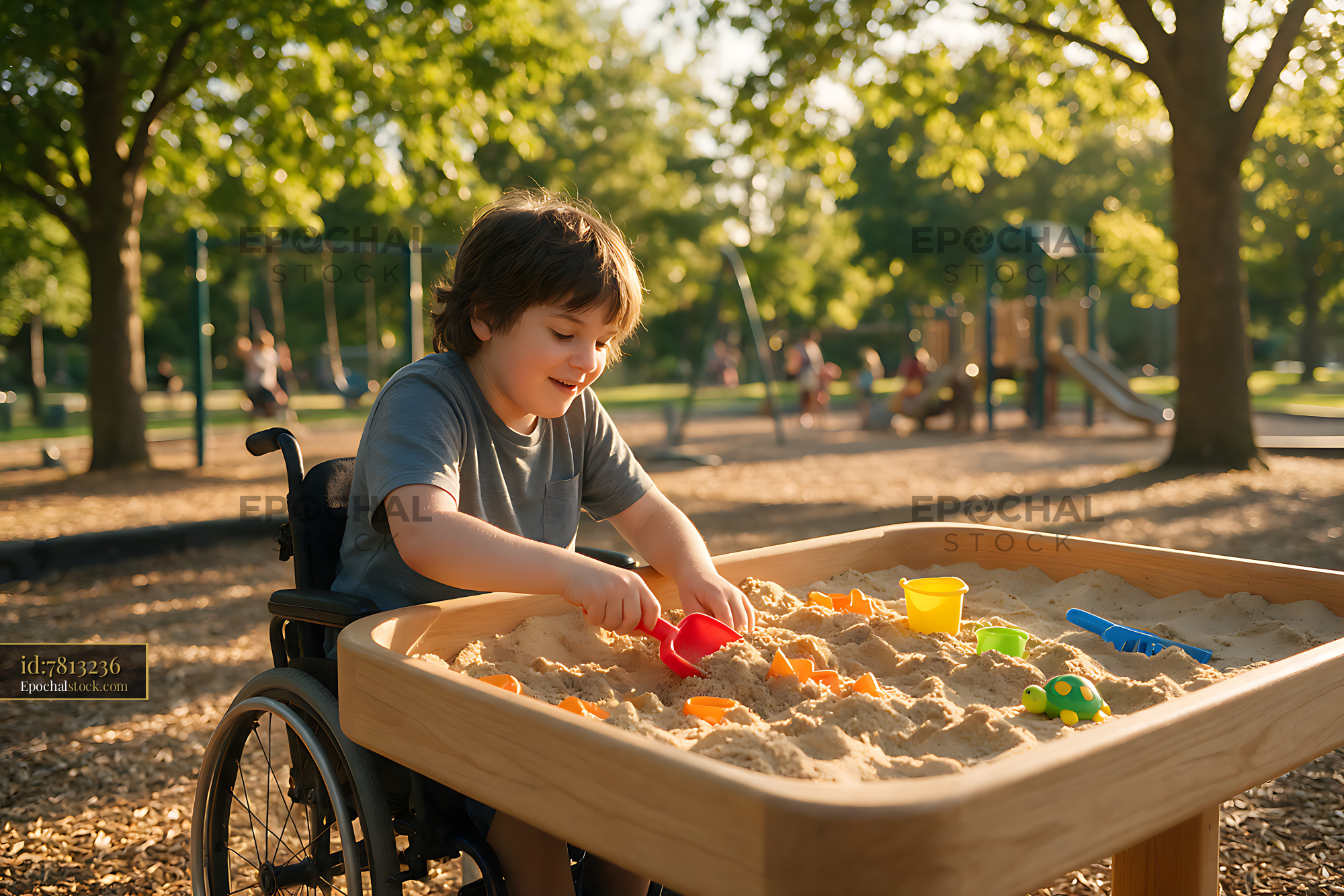 Watermarked full-resolution preview of Child enjoying inclusive playground sand play