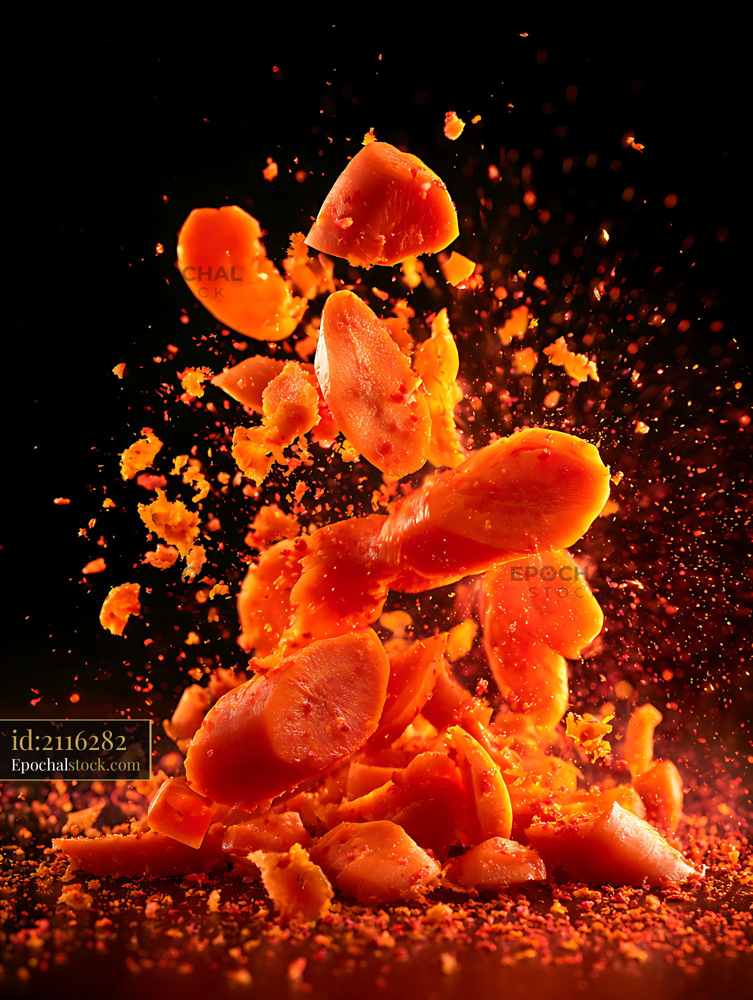 Watermarked full-resolution preview of Orange fruit exploding into pieces against a dark background