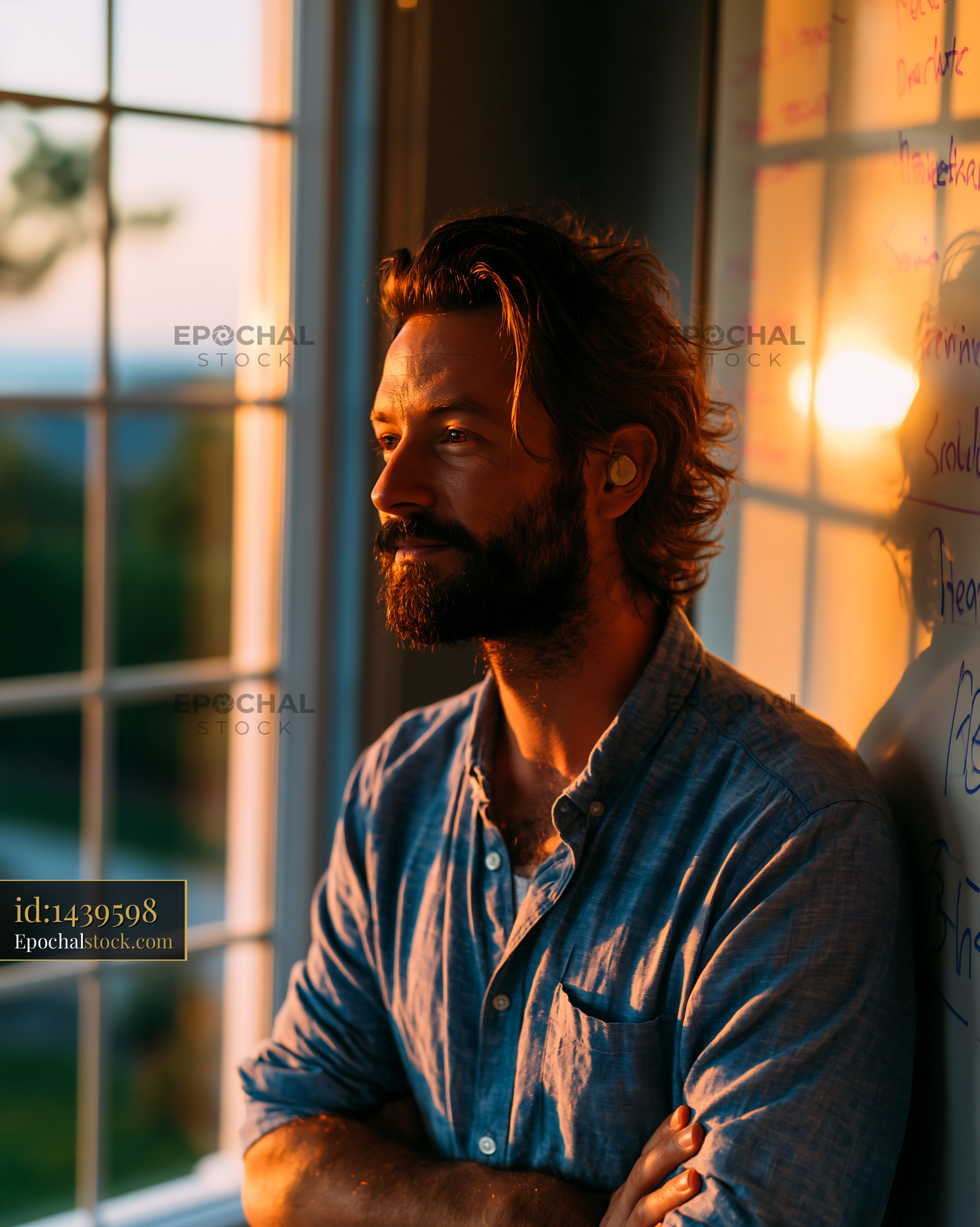 Watermarked full-resolution preview of Man stands by window during sunset