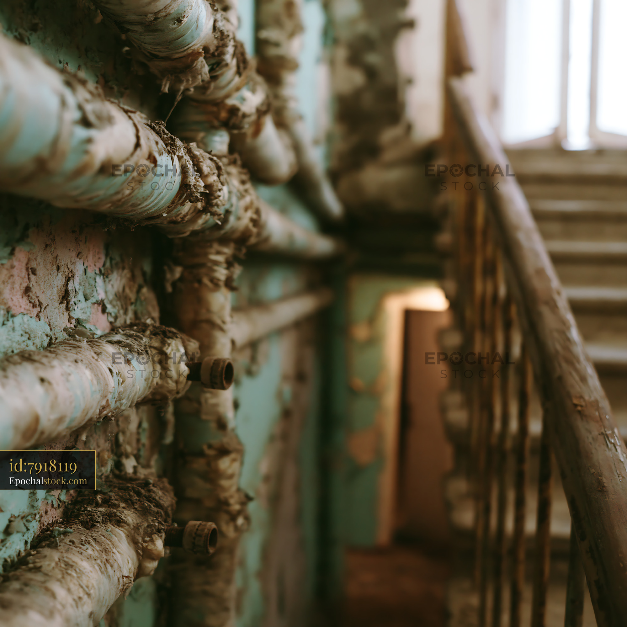 Watermarked full-resolution preview of Pipes along a stairway in an old building