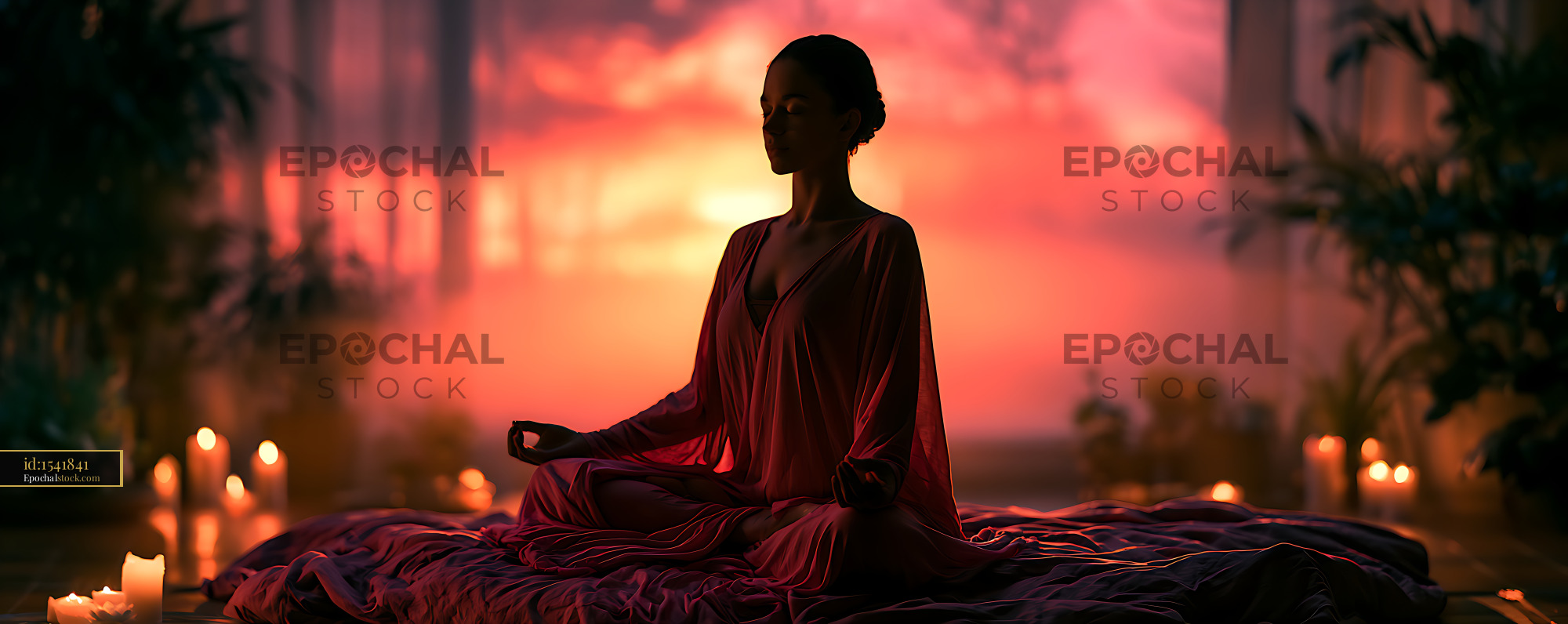 Watermarked full-resolution preview of Meditative Woman Seated on Bed in Warm Candlelight