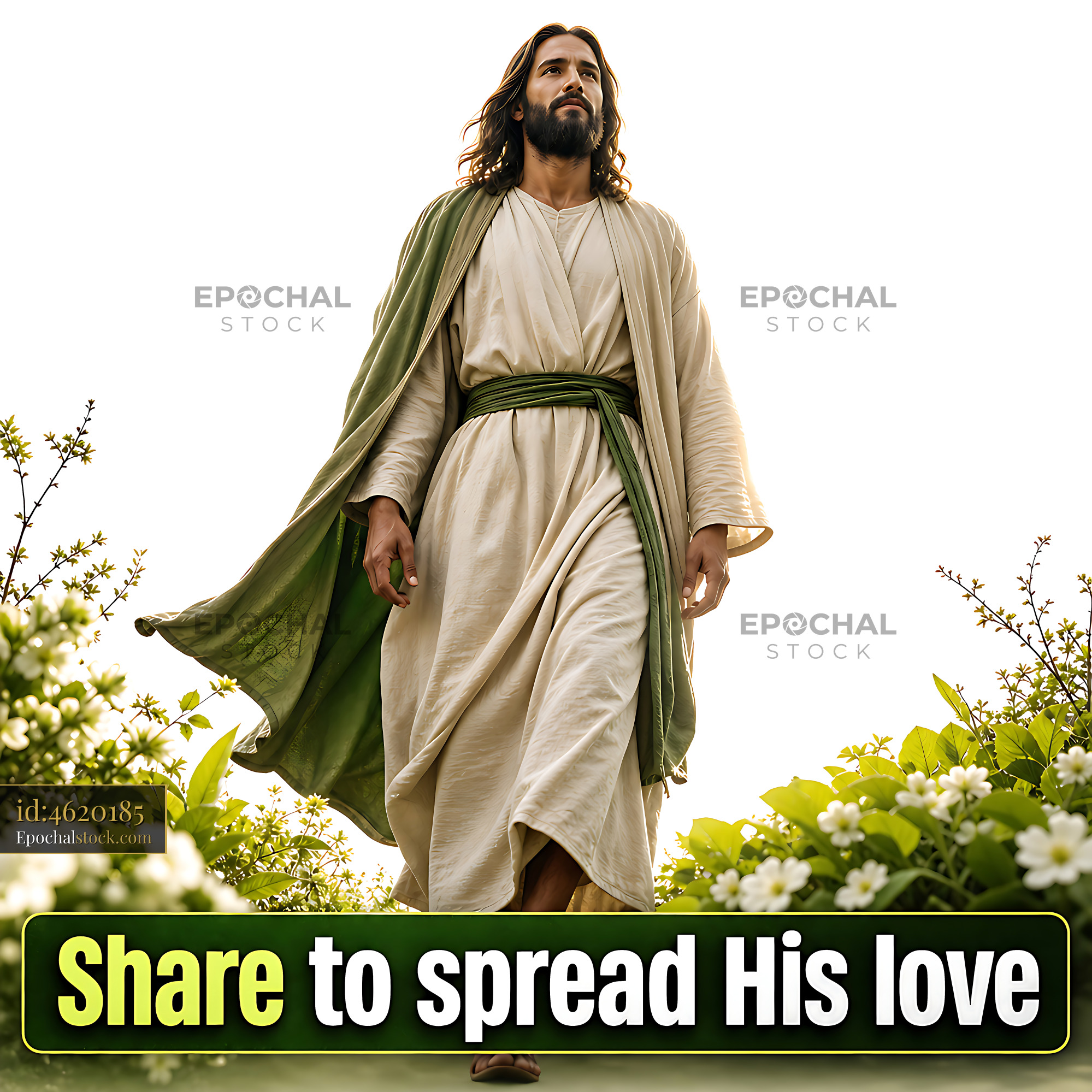 Jesus Walks Through Flowers Spreading His Love and Message - stock photo