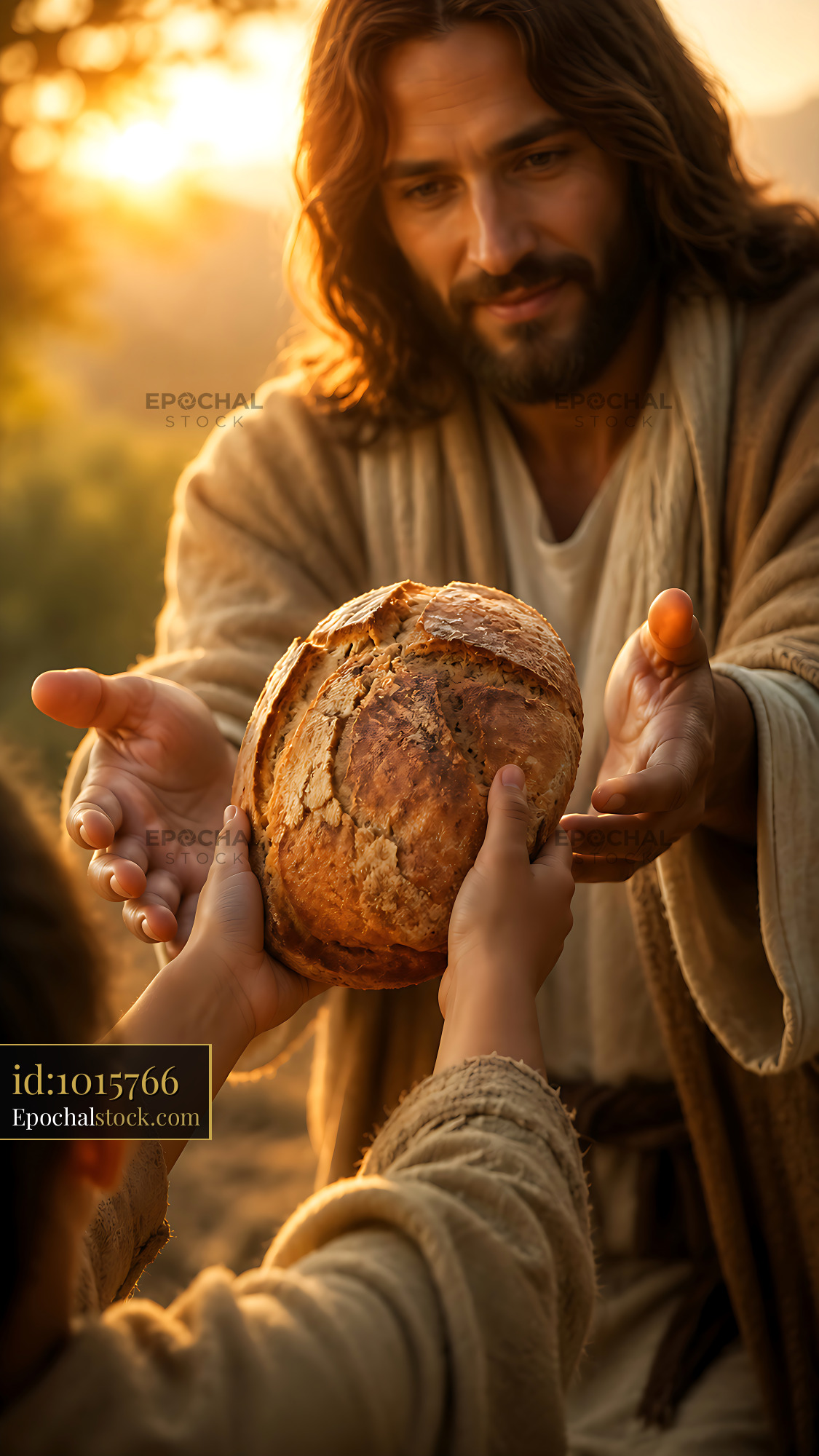 Watermarked full-resolution preview of Sharing bread at sunset in a serene outdoor setting