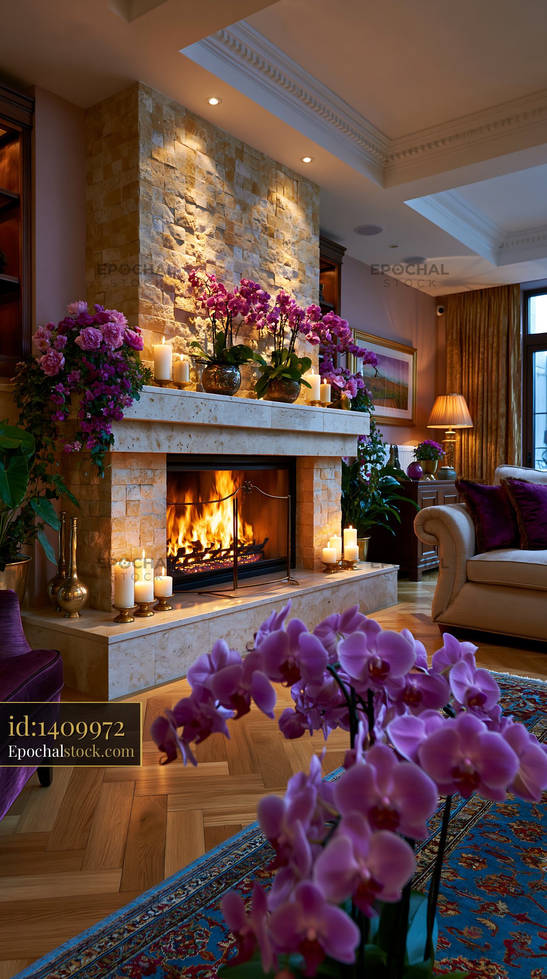 Watermarked full-resolution preview of Cozy living room with fireplace and flowers in a warm setting