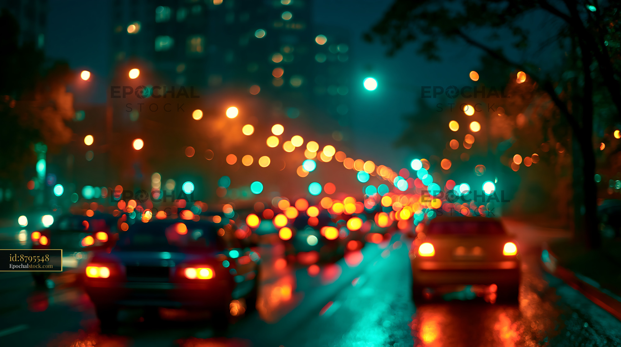 Watermarked full-resolution preview of City street at night with blurred cars and lights