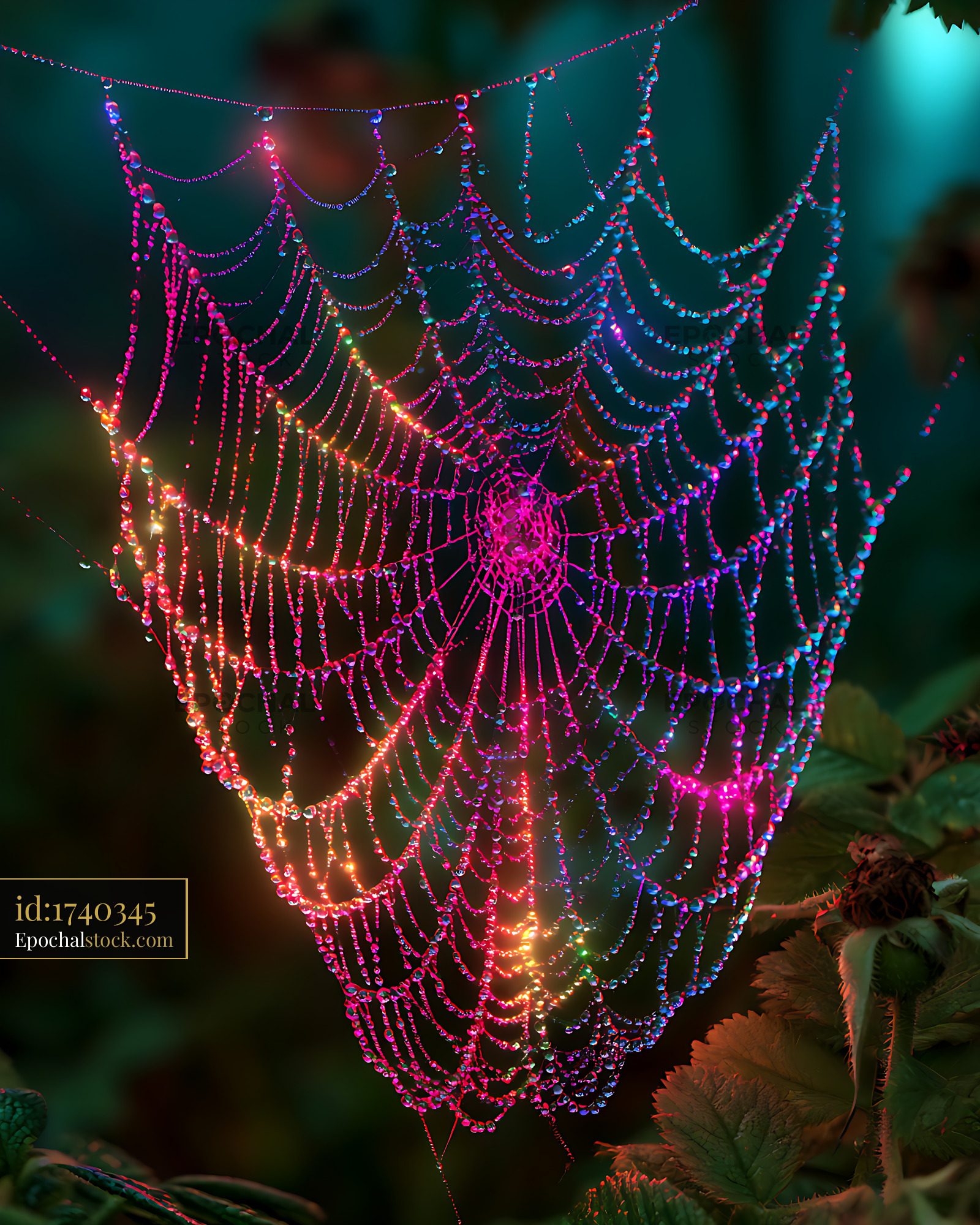 Watermarked full-resolution preview of Colorful illuminated spider web with dew drops