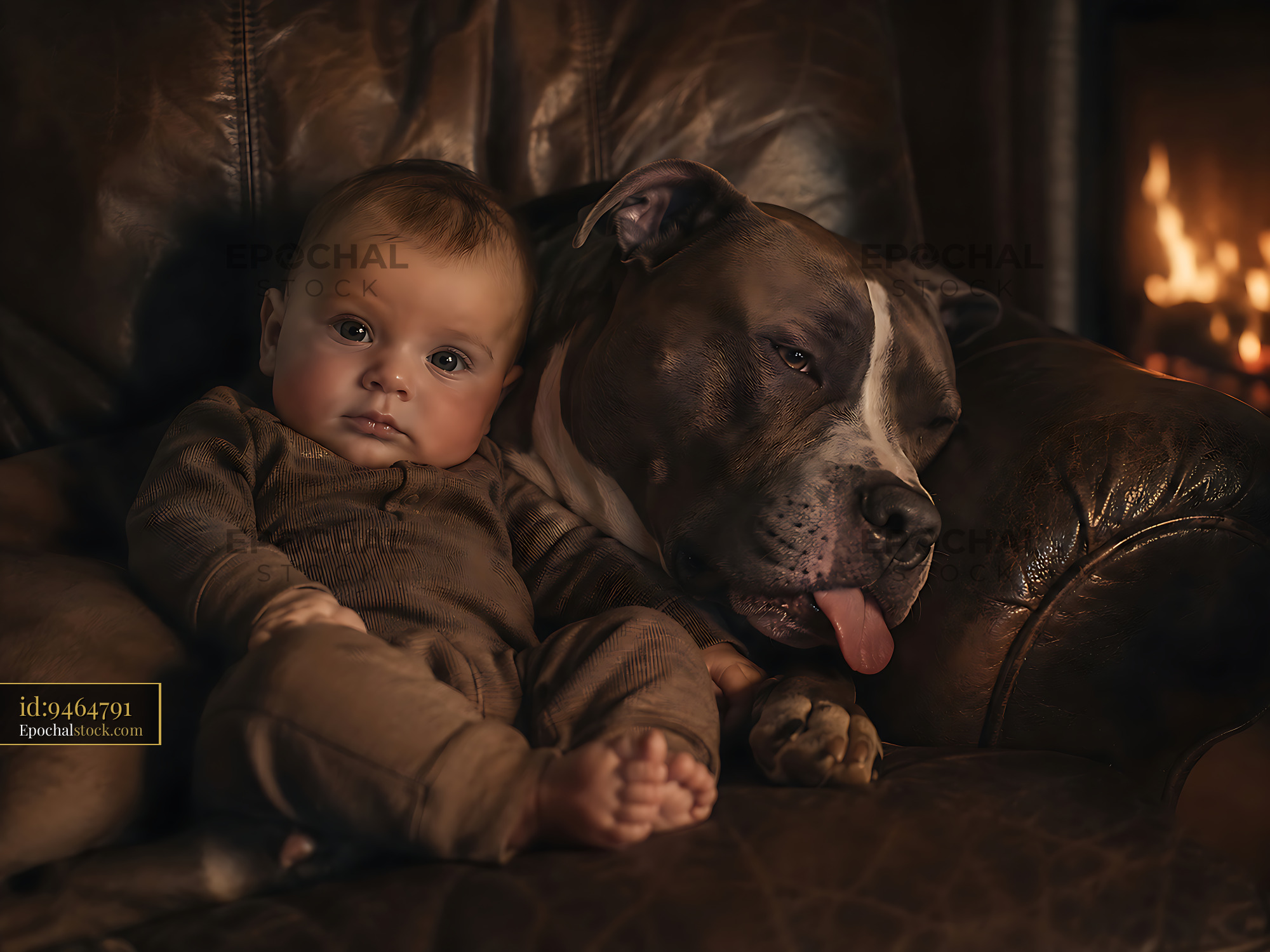 Watermarked full-resolution preview of Baby and dog resting together on a leather couch