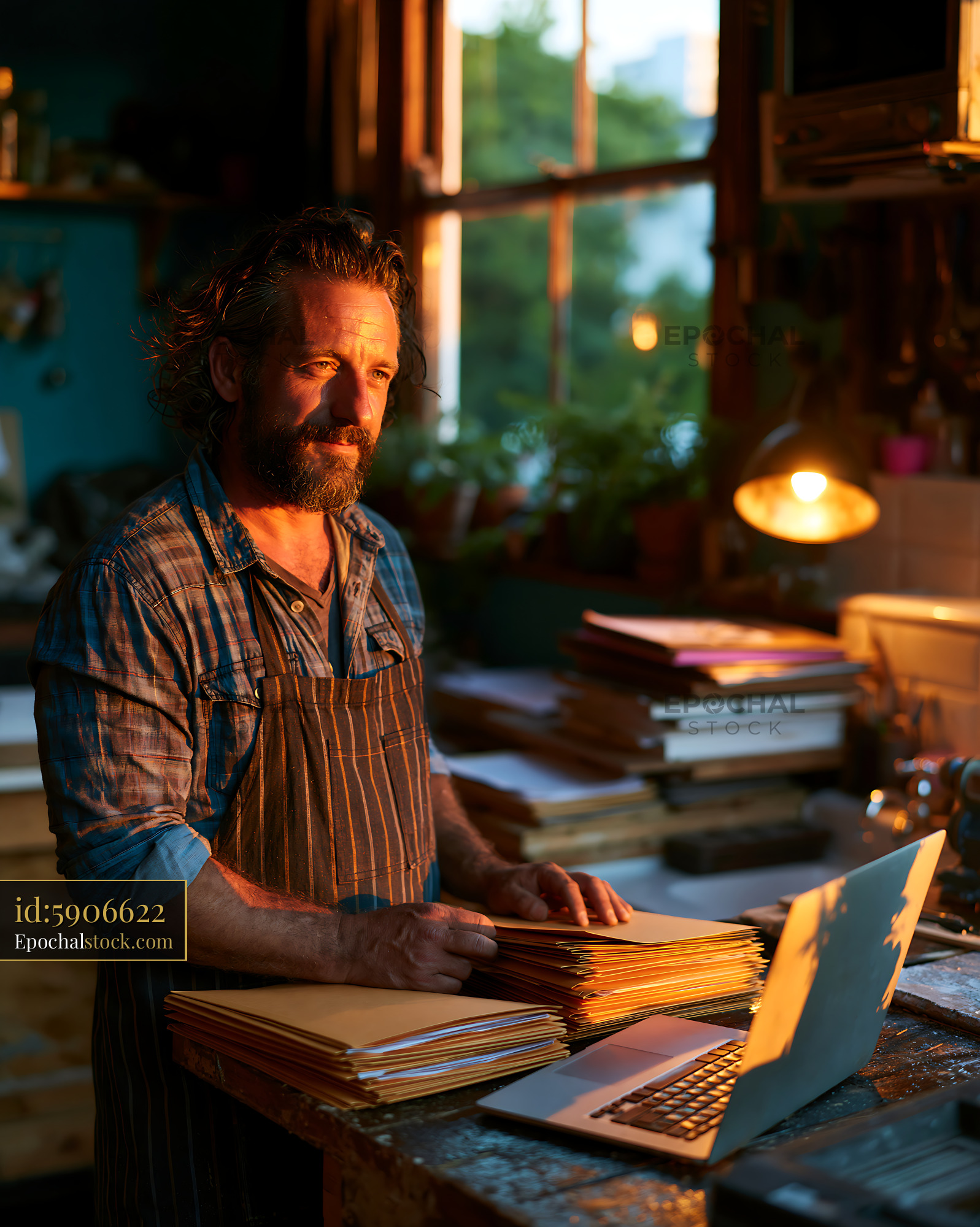 Watermarked full-resolution preview of Man working in a workshop with files and a laptop in warm light