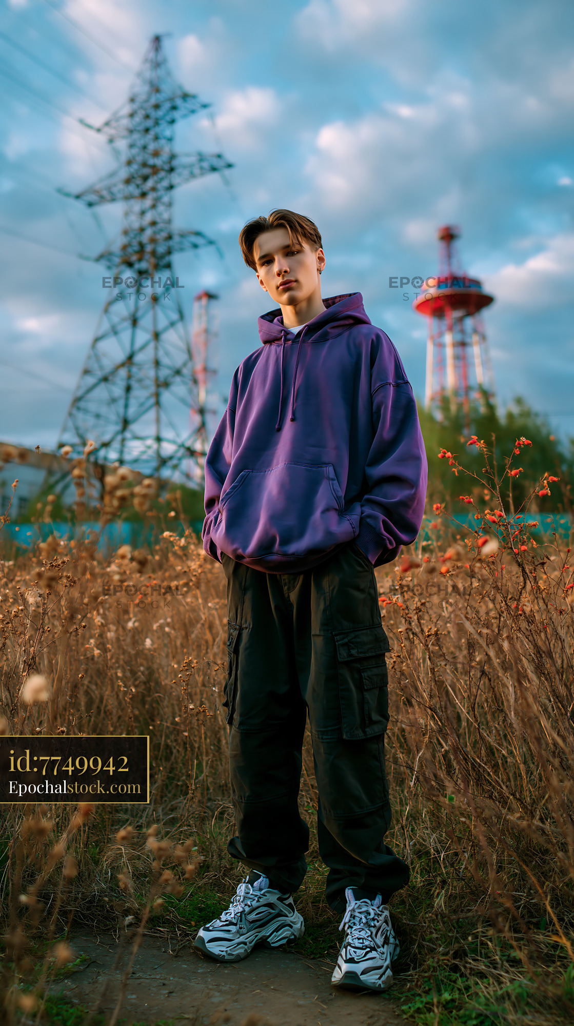Watermarked full-resolution preview of Young man standing in a field with power lines in the background