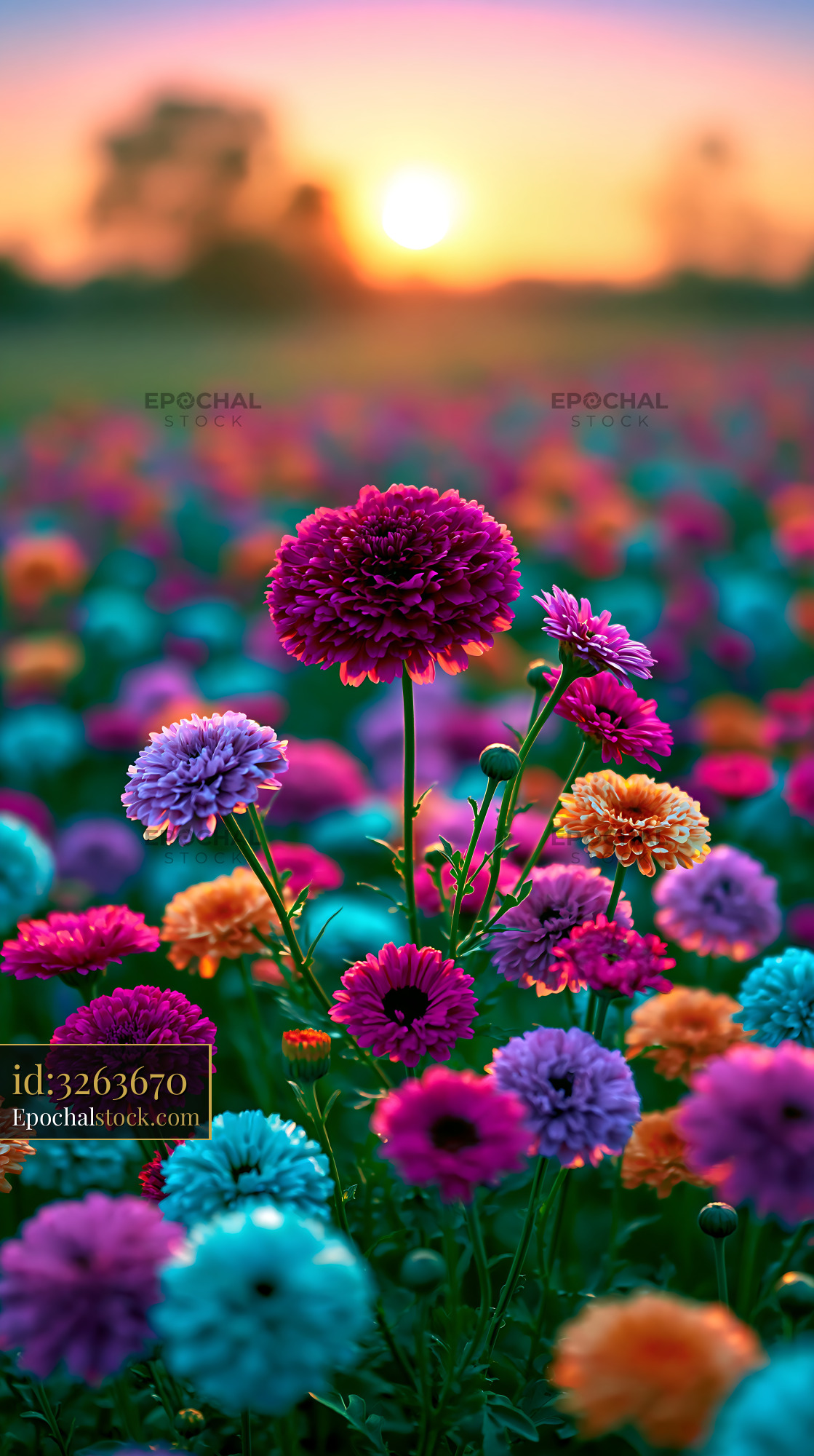 Watermarked full-resolution preview of Colorful flowers bloom during sunset in a vibrant field
