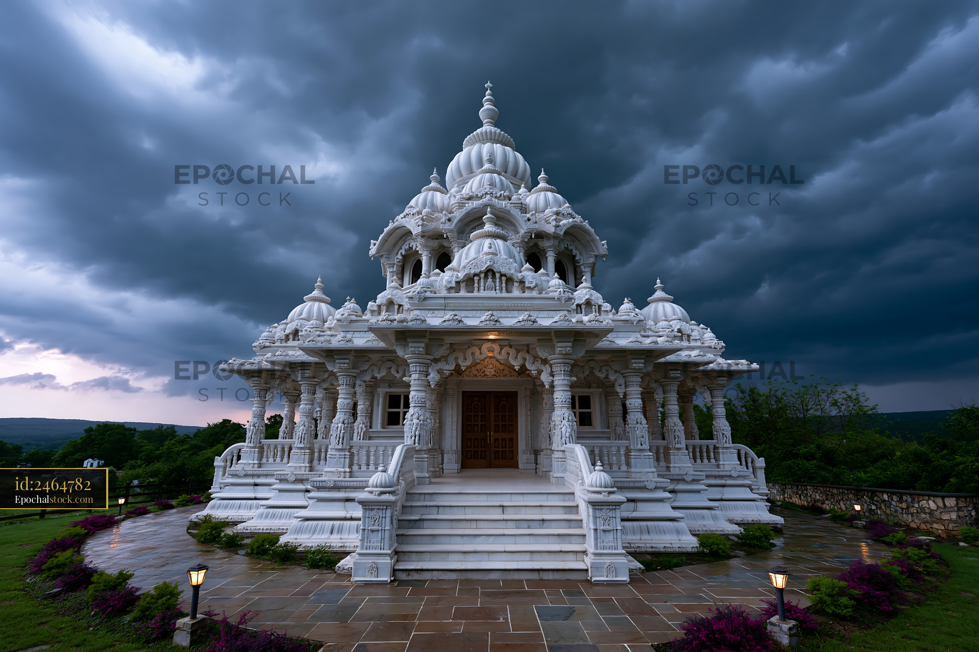 Watermarked full-resolution preview of White stone temple stands under dark storm clouds