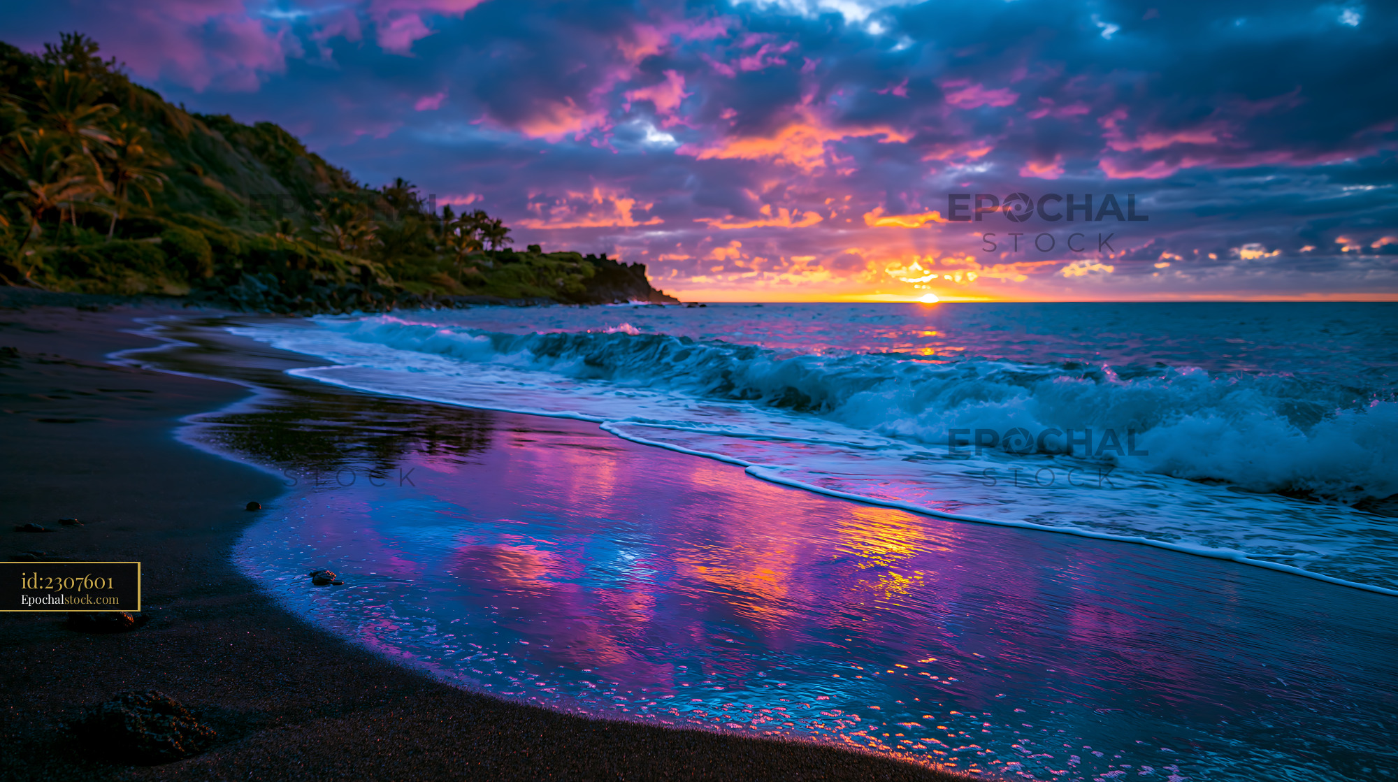 Watermarked full-resolution preview of Sunset over the ocean viewed from a black sand beach