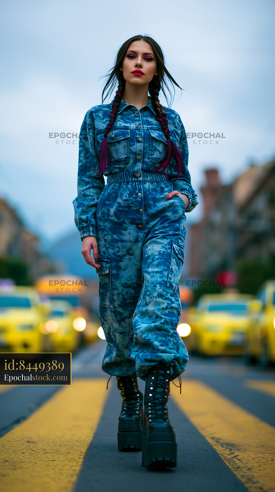 Watermarked full-resolution preview of Young woman walking on the street wearing blue outfit and boots